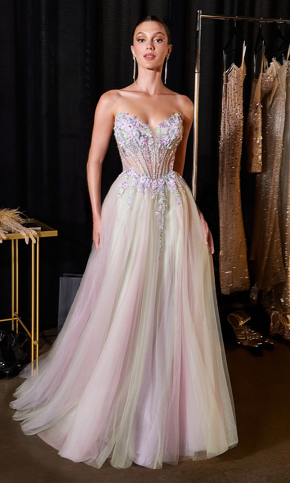 Ladivine CD2418 pink prom dress front view with tulle skirt, 3D floral appliqués and beading, strapless sweetheart illusion corset bodice, A-line formal prom gown