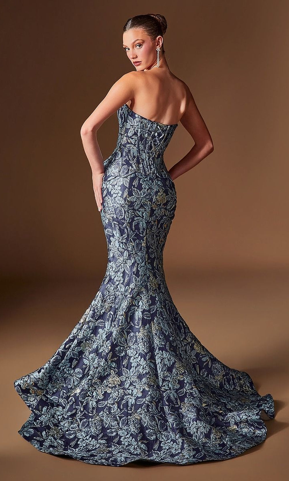 Ladivine CD655 navy prom open-back mermaid trumpet gown in floral brocade with visible boning channels, fully open back view, evening gown