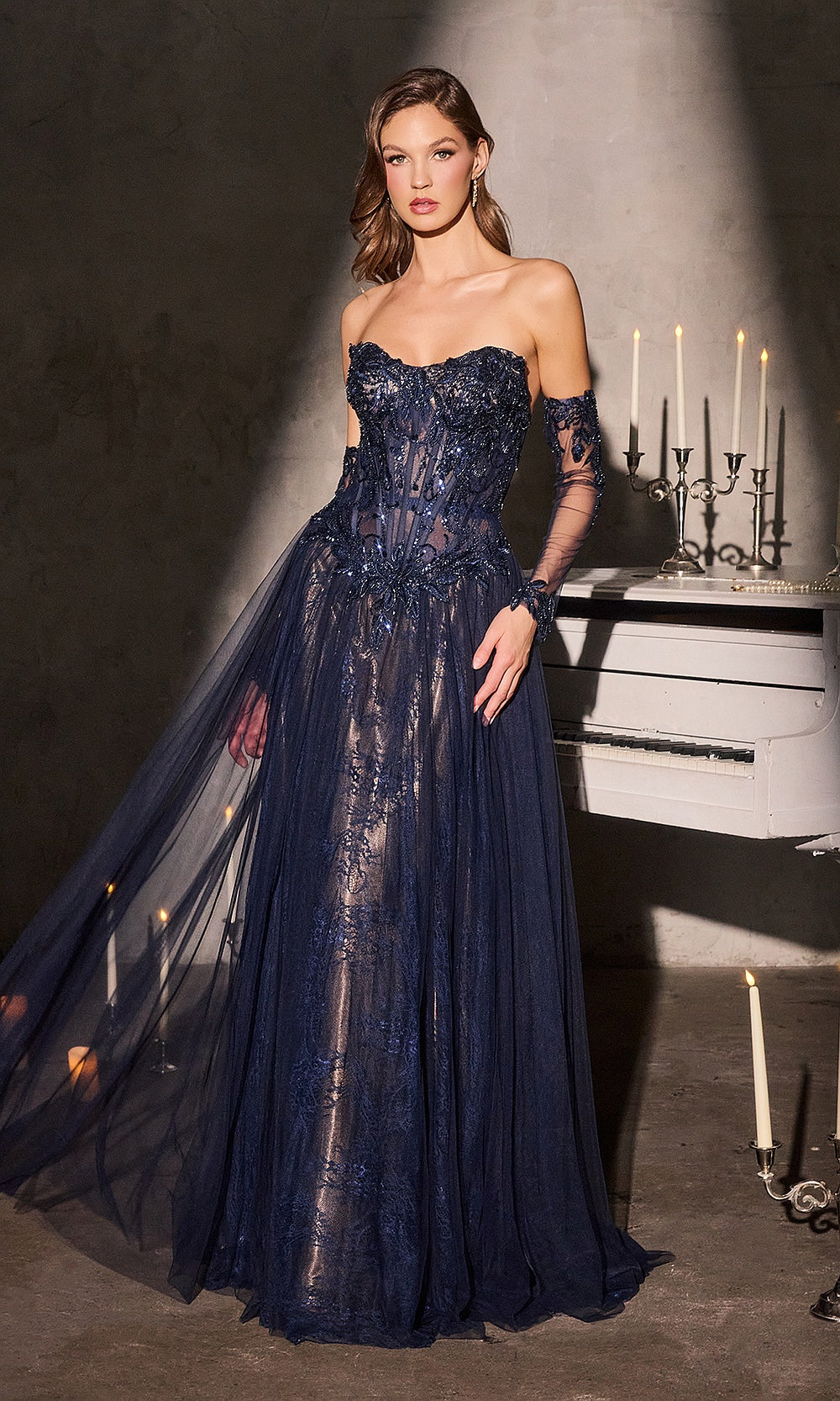 Ladivine CD717 Strapless Velvet Corset Satin Ball Gown with Opera Gloves