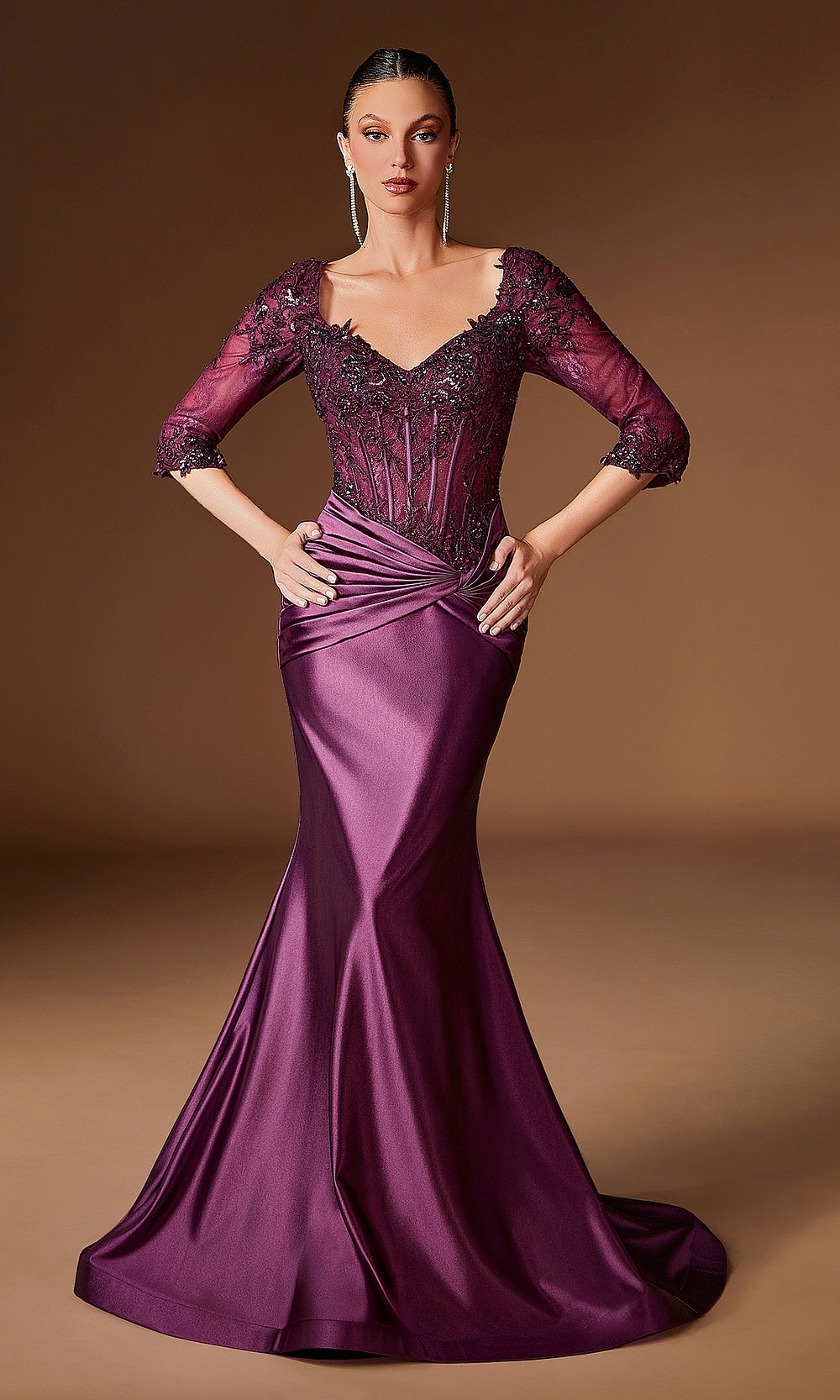 Ladivine CD731 Off-Shoulder V-Neck Beaded Satin Evening Gown