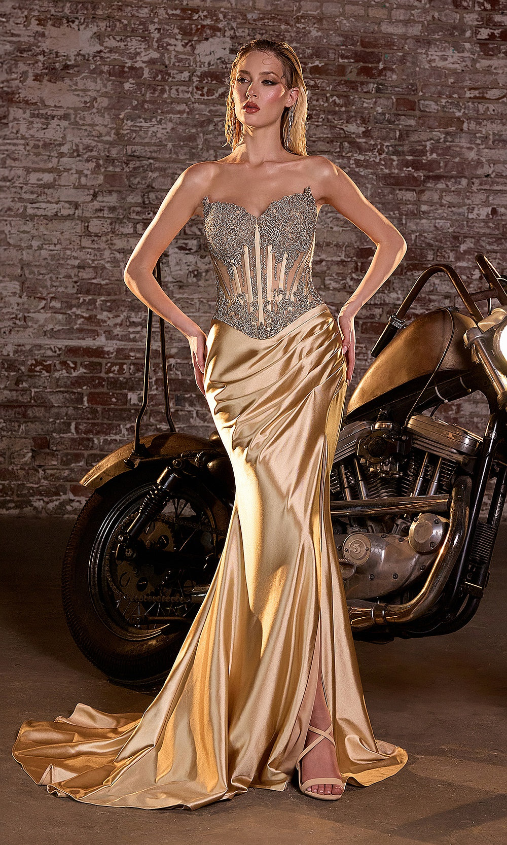 Ladivine CD736 Crystal Beaded Stretch Satin Strapless Sheath Gown