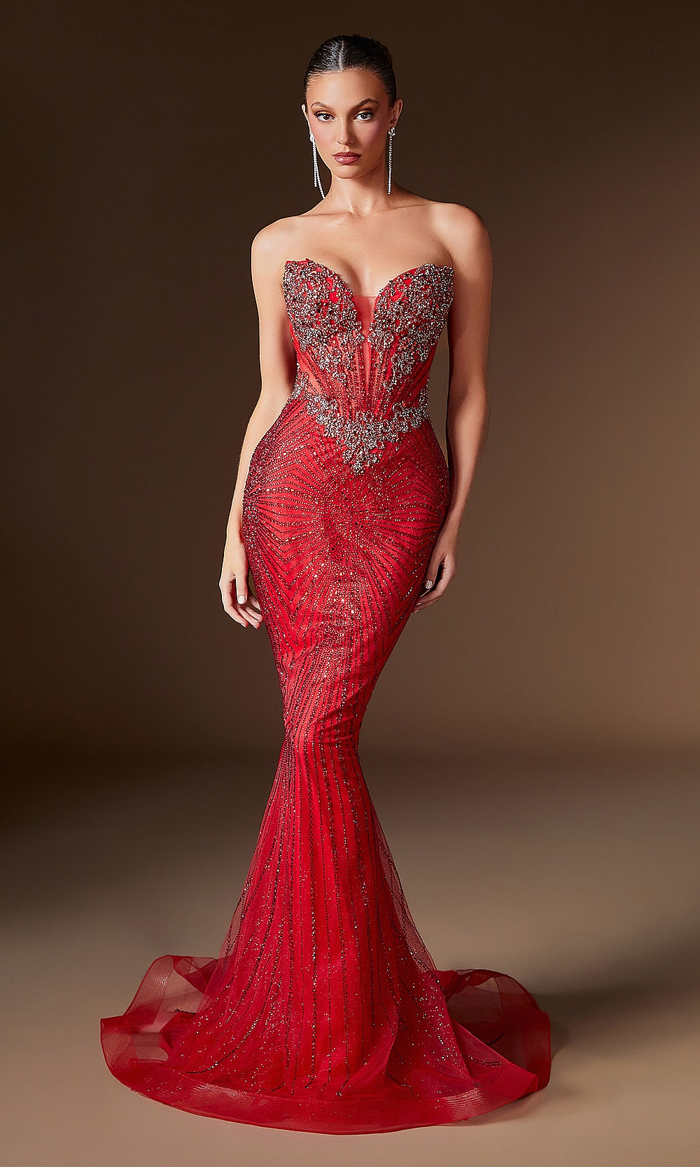 Ladivine KV1129 Strapless Beaded Mermaid Gown – Nude Mesh Sweetheart Sparkle Dress