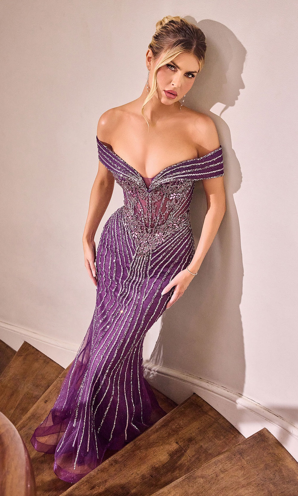 Ladivine KV1130 Off-Shoulder Crystal Mermaid Gown – Draped Sleeve Tulle Sparkle Dress