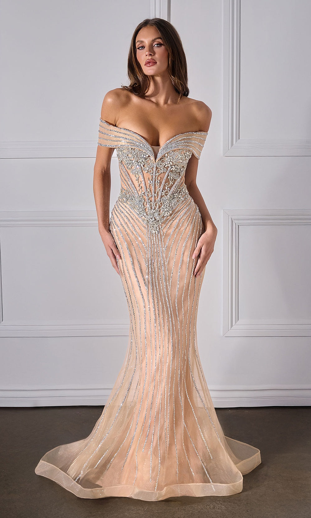 Ladivine KV1130 Off-Shoulder Crystal Mermaid Gown – Draped Sleeve Tulle Sparkle Dress