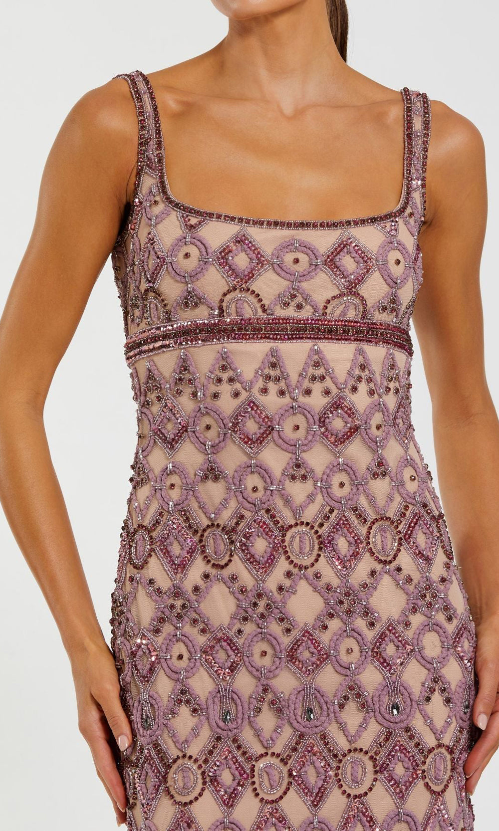 Mac Duggal 10108 orchid close-up detail beaded embroidery rhinestone lattice on mesh with sequin surface treatment, formal prom gown embellishment detail