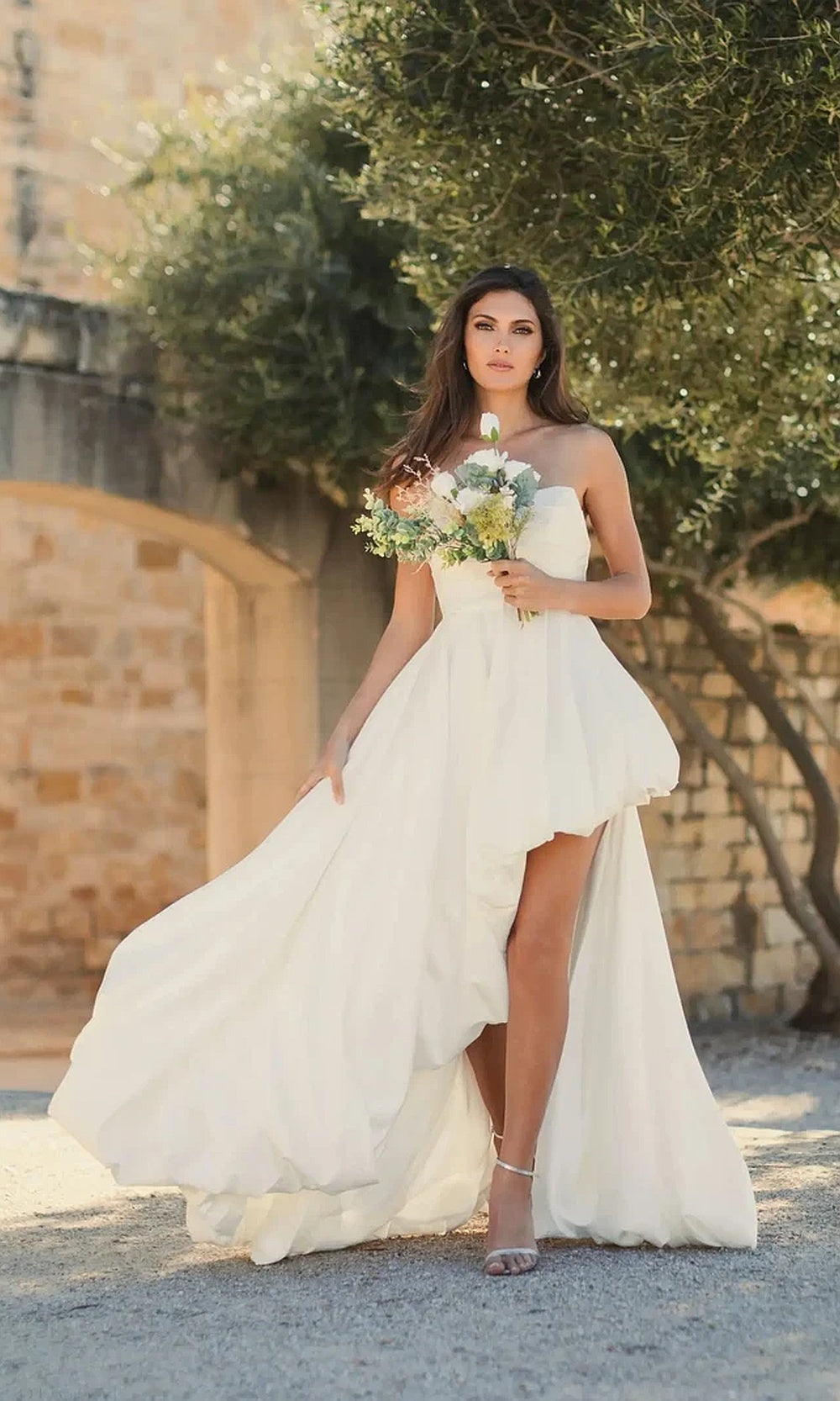 Mac Duggal 11685 Strapless Satin High-Low Ballgown with High Slit
