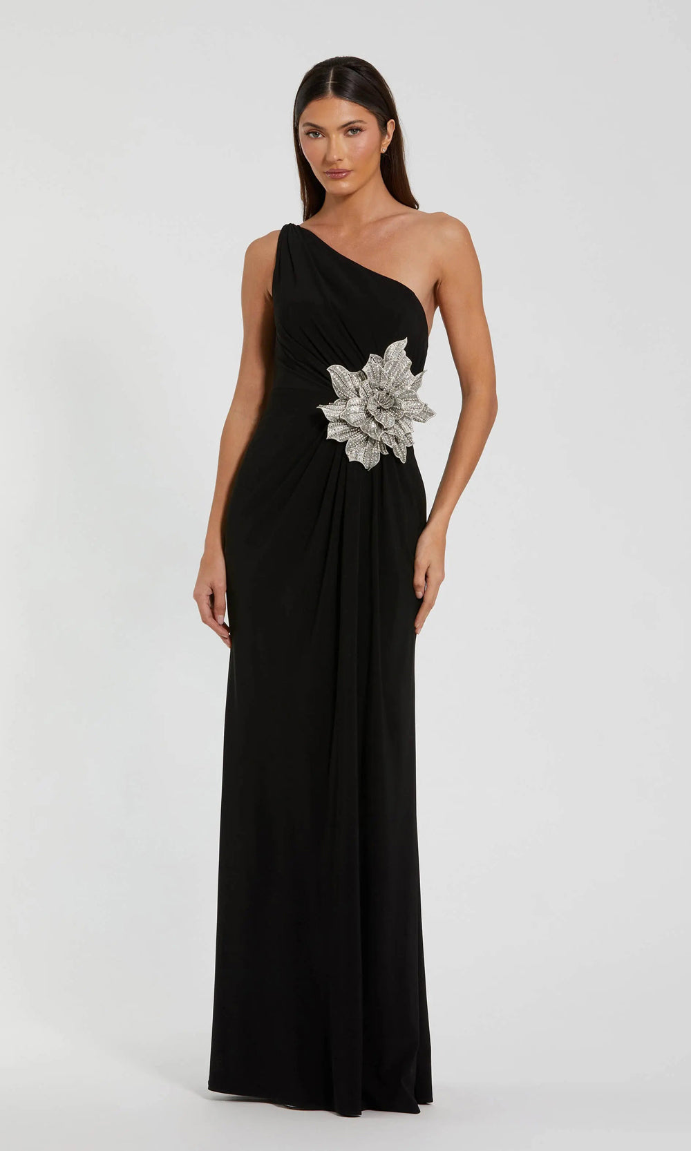 Mac Duggal 11849 black front evening gown in stretch jersey with 3D beaded floral appliqué at hip, one-shoulder fitted silhouette, formal prom gown