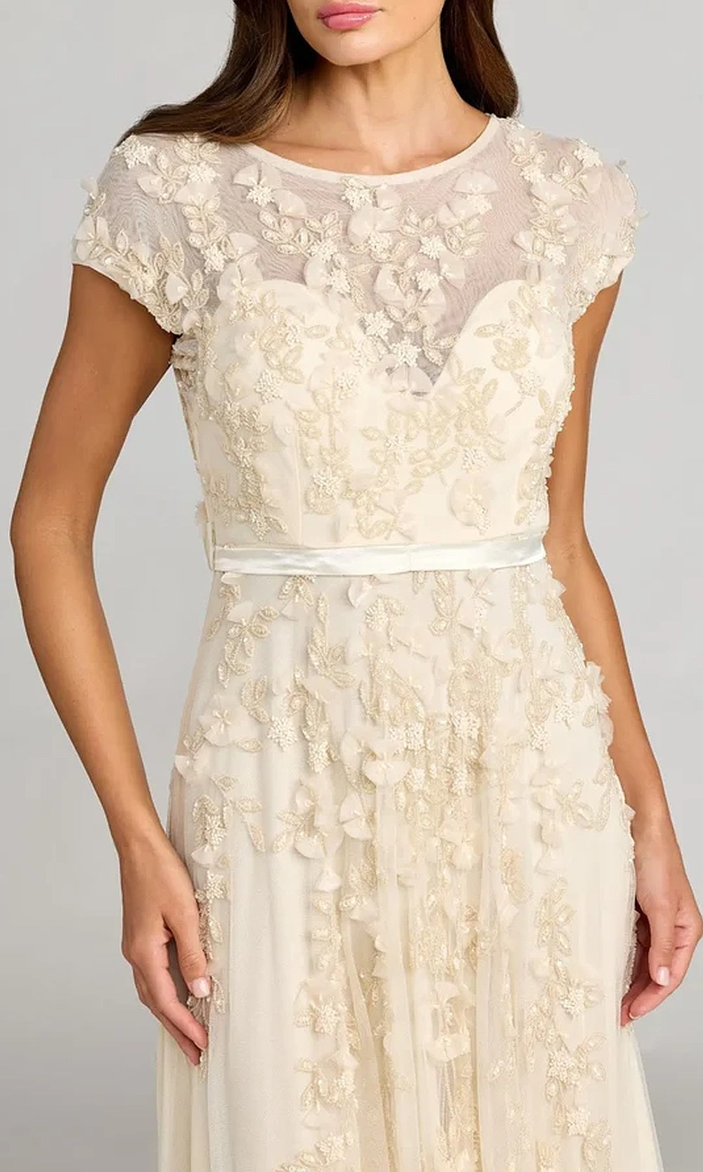 Mac Duggal 14521 A-Line Gown with 3D Floral Beading & Cap Sleeves