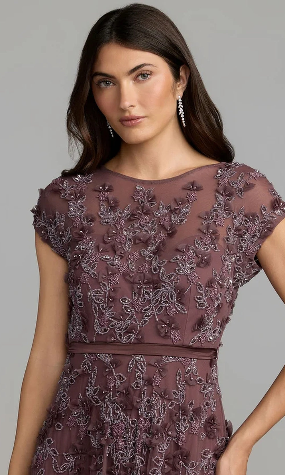 Mac Duggal 14521 A-Line Gown with 3D Floral Beading & Cap Sleeves