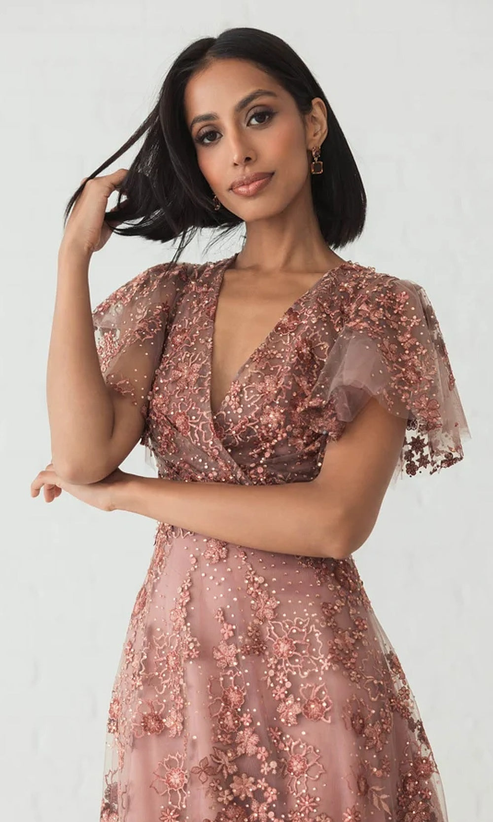 Mac Duggal 20486 Lace Floral A-Line Tea-Length Short-Sleeve Dress