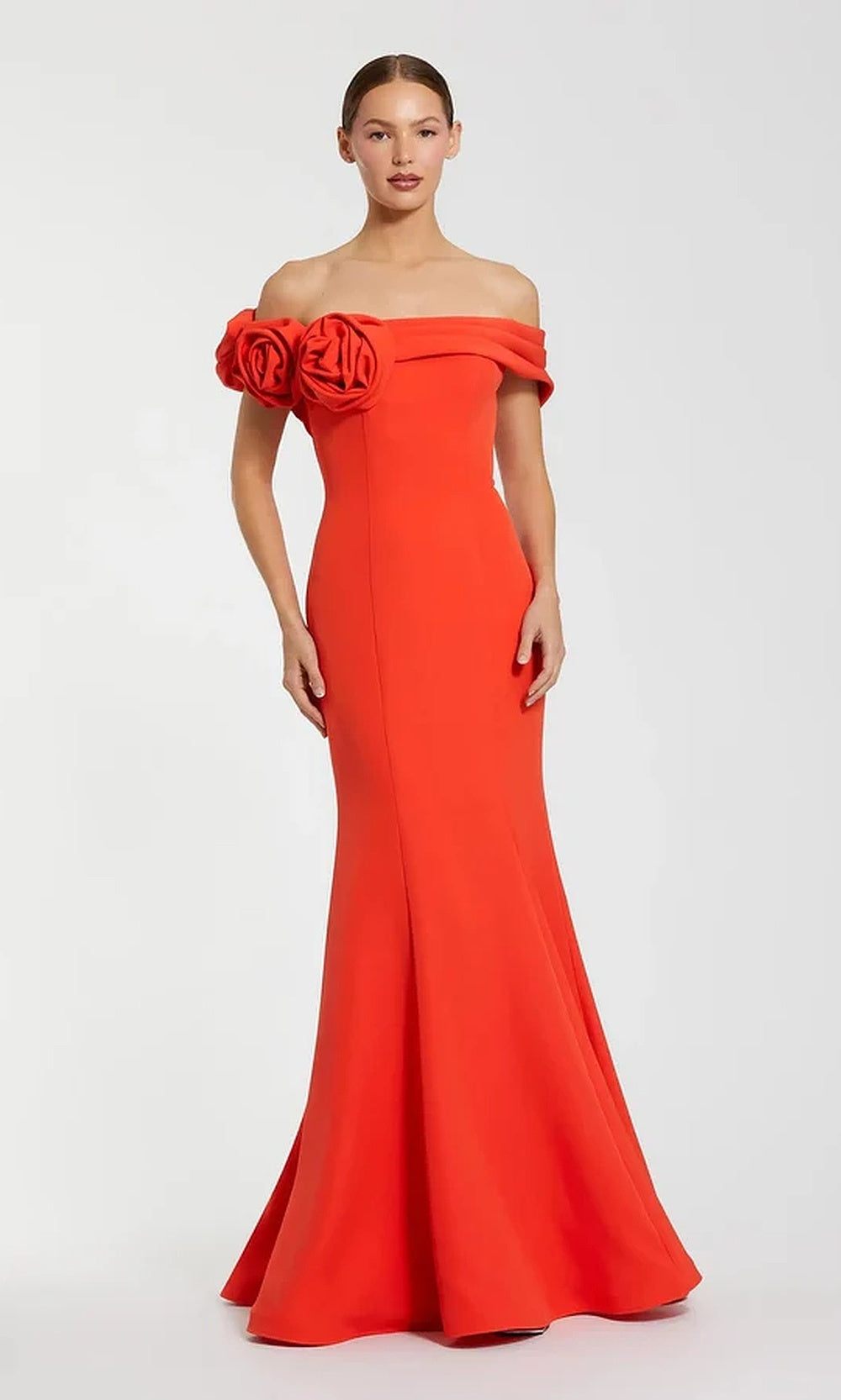 Mac Duggal 21104 Off-Shoulder Mermaid Gown with Floral Rosettes & Floral Appliques