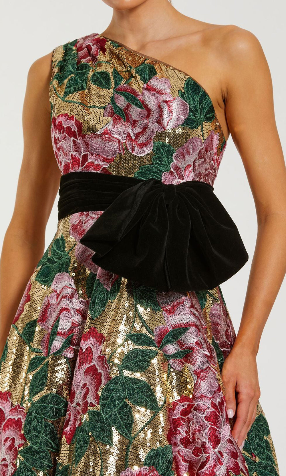 Mac Duggal 21194 Gold Multi detail view sequin mesh floral rose embroidery appliqués and black velvet sash, formal prom gown