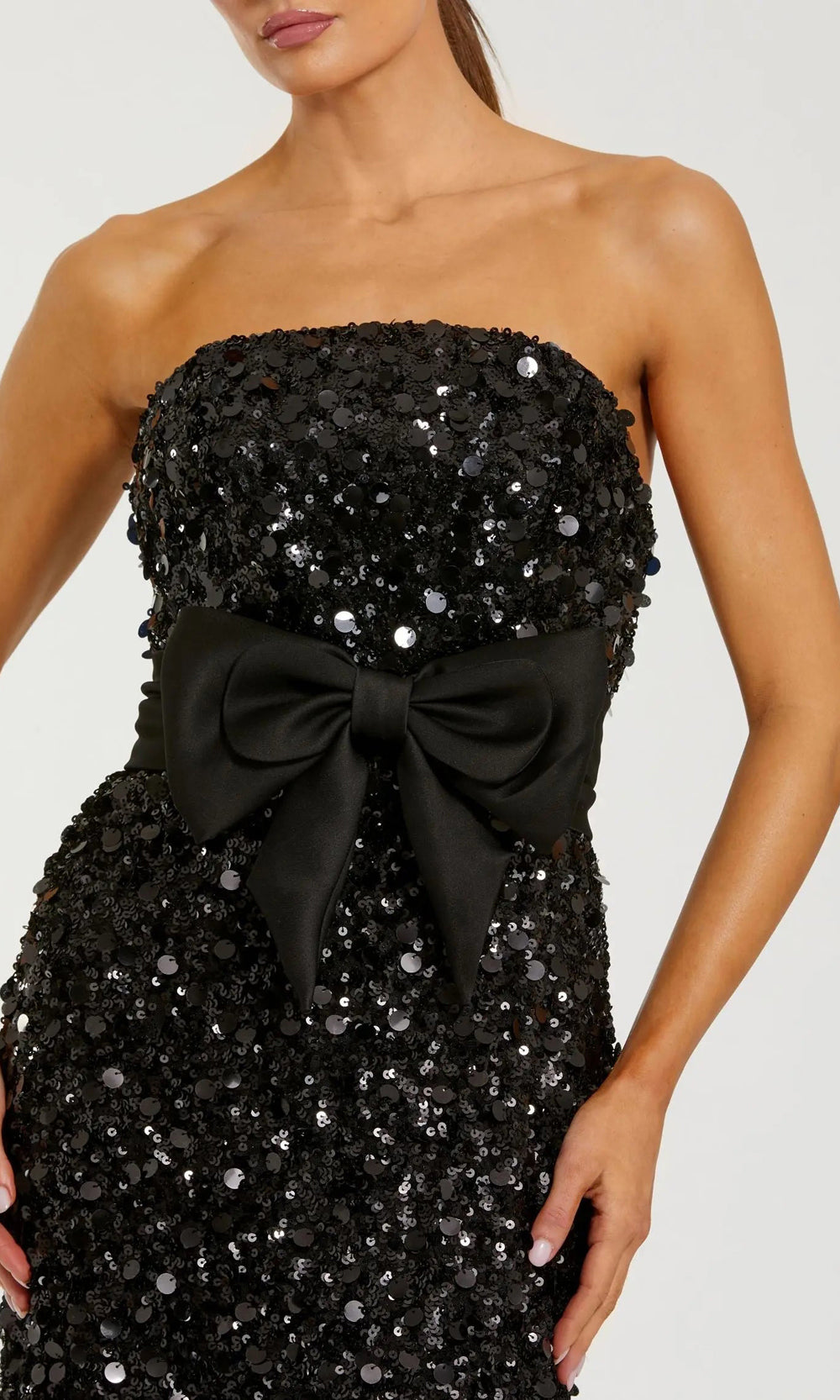 Mac Duggal 27761 black detail view large coin paillette sequin surface with satin waist bow close-up black-tie event dress, a evening favorite