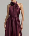Mac Duggal 49333 Halter Satin A-Line Gown with Floral Detail & High Slit