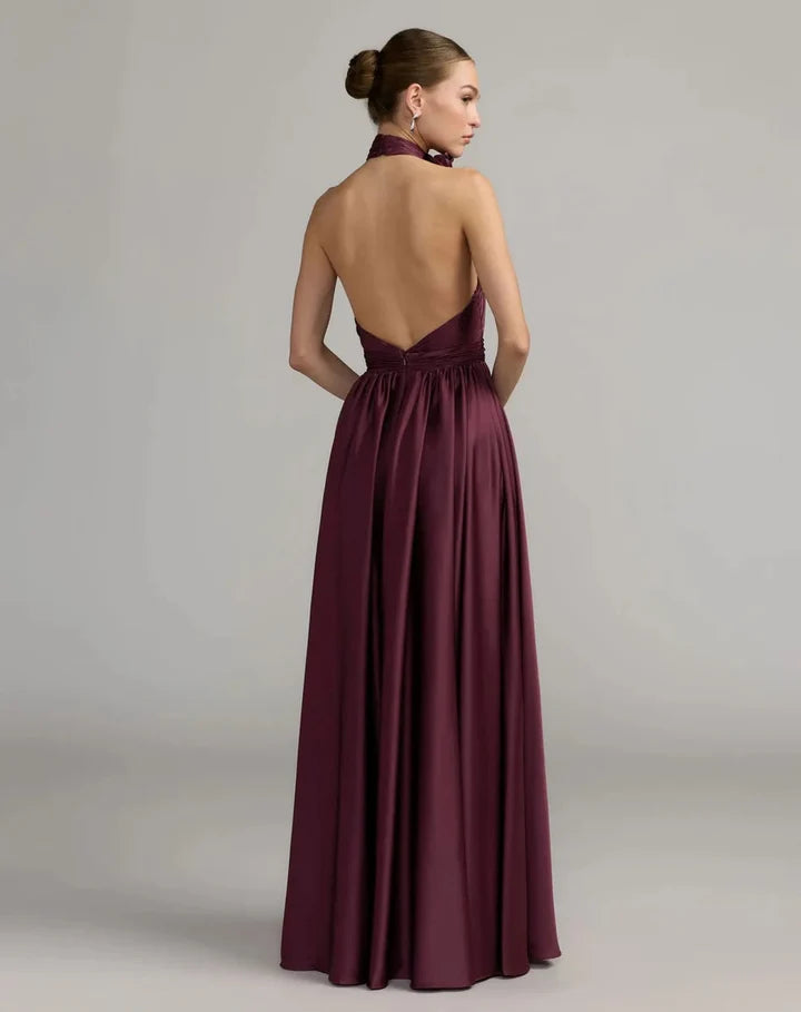 Mac Duggal 49333 Halter Satin A-Line Gown with Floral Detail & High Slit