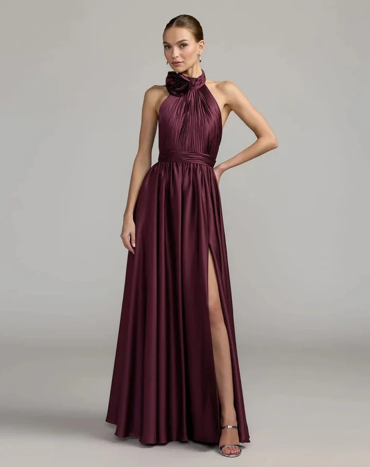 Mac Duggal 49333 Halter Satin A-Line Gown with Floral Detail & High Slit