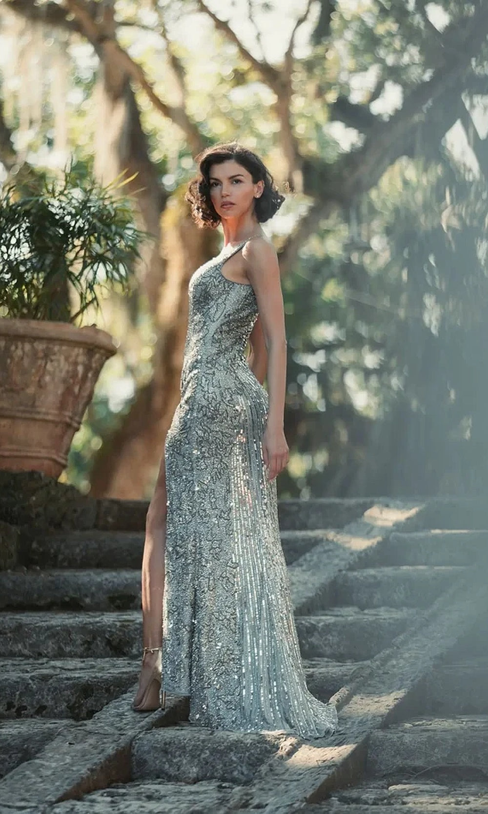 Mac Duggal 5473 Fully Beaded V-Neck Fitted Gown with High Slit Gown