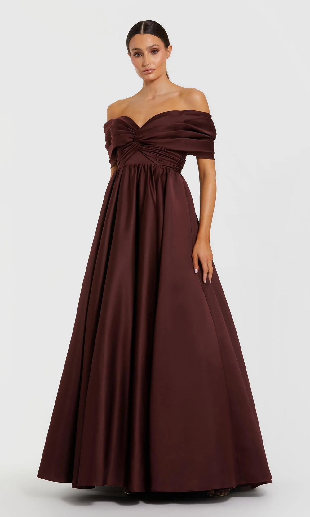 Mac Duggal 56188 wine front alternate view off-shoulder sweetheart ballgown in structured satin with draped twisted knot midriff detail and voluminous skirt, evening gown
