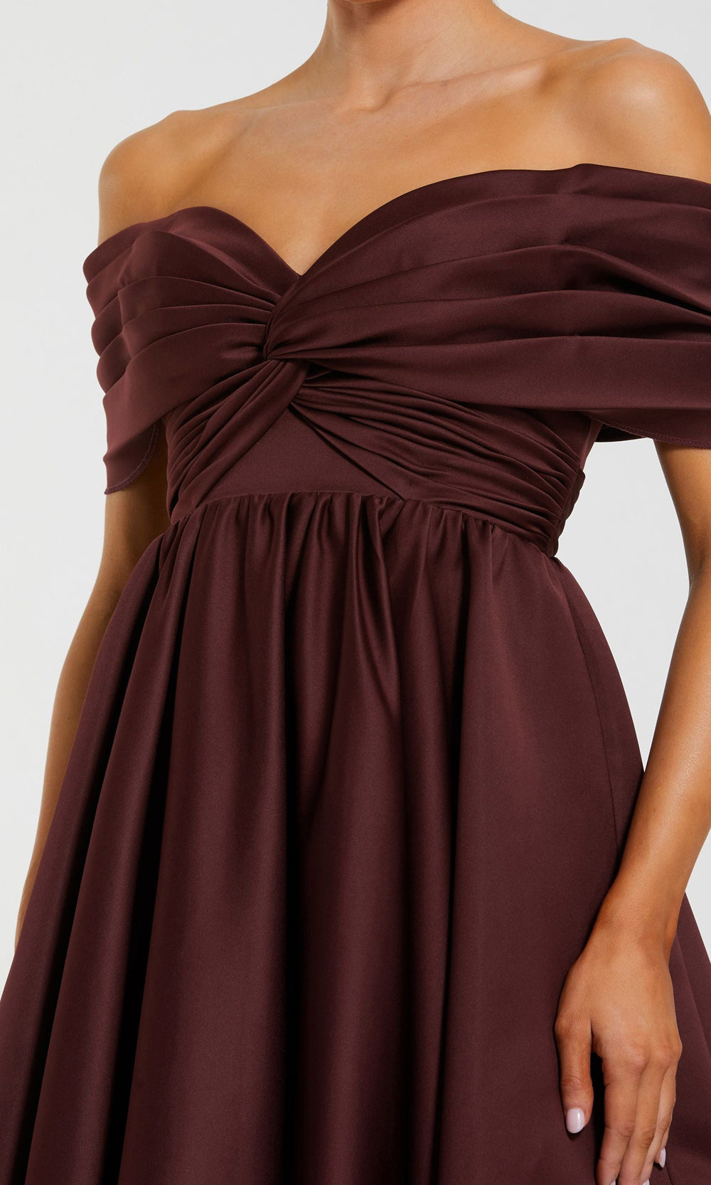 Mac Duggal 56188 wine detail view sweetheart neckline with draped off-shoulder satin fabric and twisted knot at midriff, close-up of structured satin construction, formal evening gown