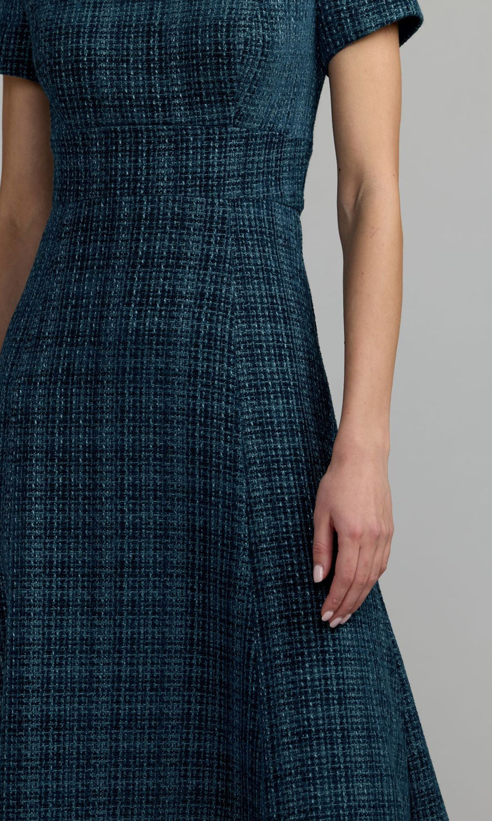 Mac Duggal 56453 teal detail view metallic threading woven fabric texture on tea-length fit-and-flare dress, an elegant wedding-guest choice