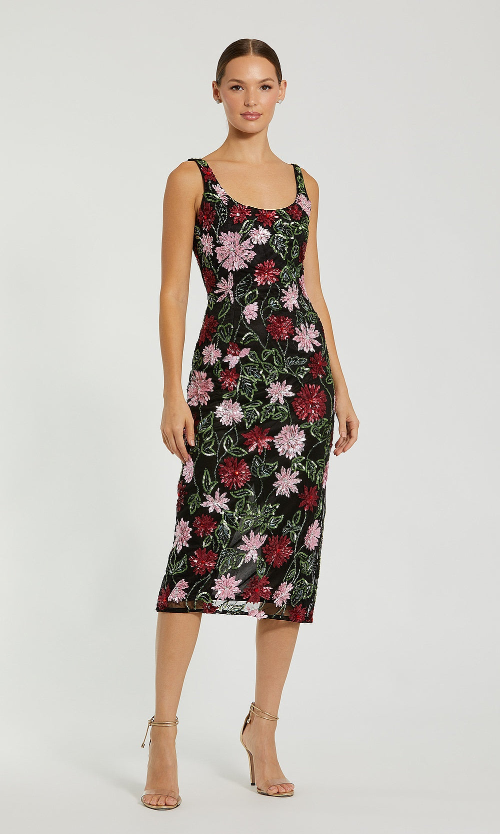 Mac Duggal 6124 Black Multicolor front view cocktail dress with sequin beaded floral appliqués on mesh fitted sheath silhouette short semi-formal dance dress