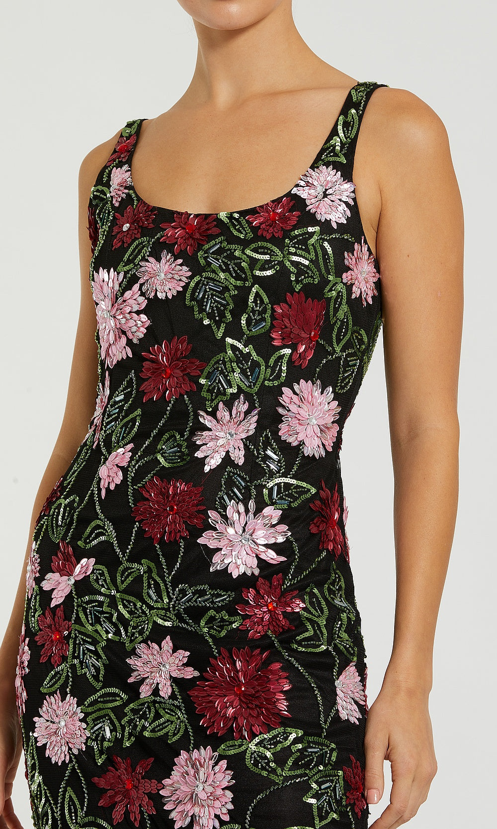 Mac Duggal 6124 Black Multicolor detail view cocktail dress with multicolour sequin beaded floral appliqués pink burgundy green on mesh base semi-formal party dress