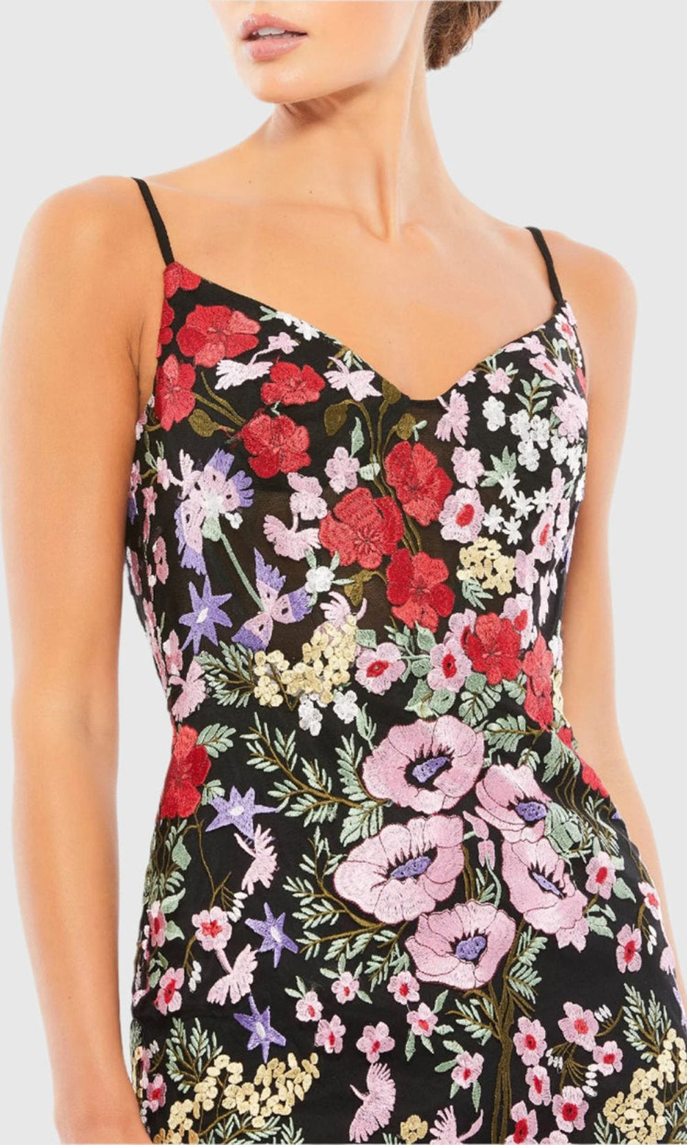 Mac Duggal 67459 Black Multi homecoming dress detail view with multicolor floral embroidery and appliqués on mesh base, scalloped eyelash edge, semi-formal party dress