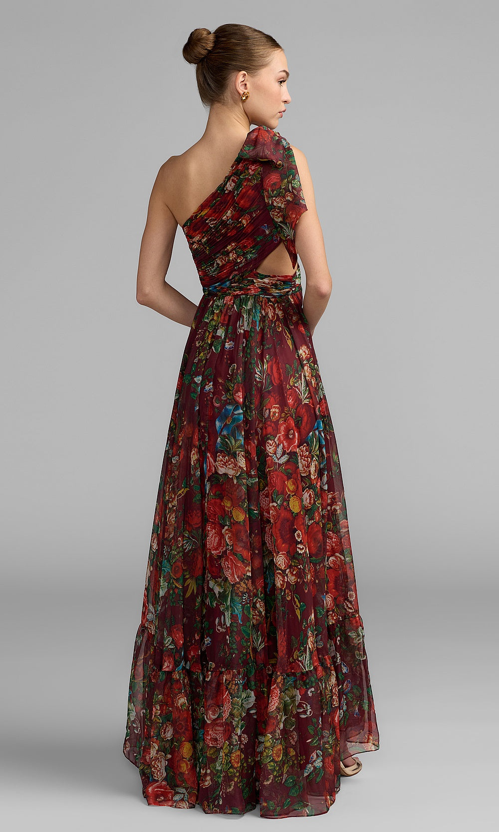 Mac Duggal 68553 Wine Red Multicolor back view one-shoulder floral chiffon gown showing full skirt and waist cut-out detail, prom evening gown