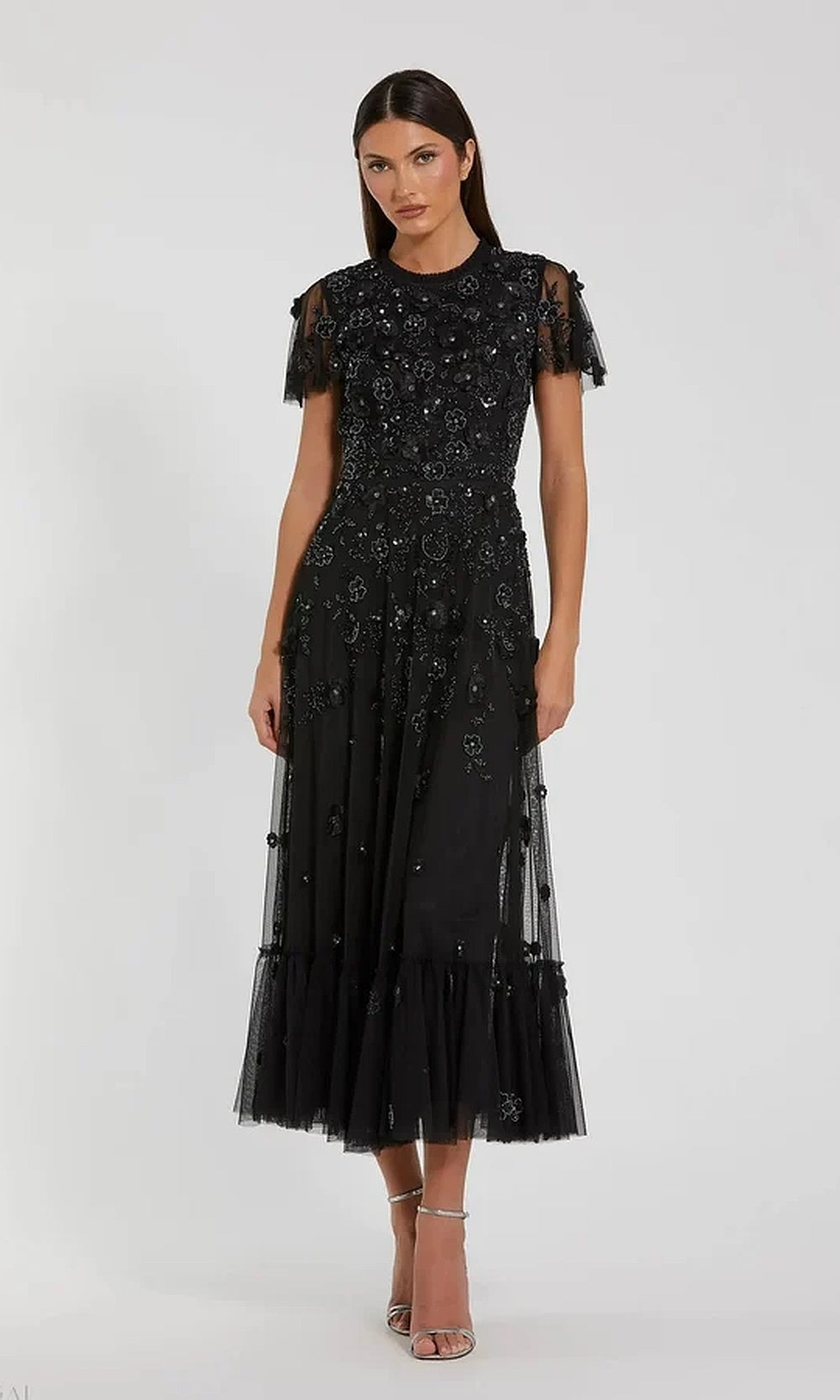 Mac Duggal 9212 Beaded Floral Appliqué Tea-Length Flutter-Sleeve Dress