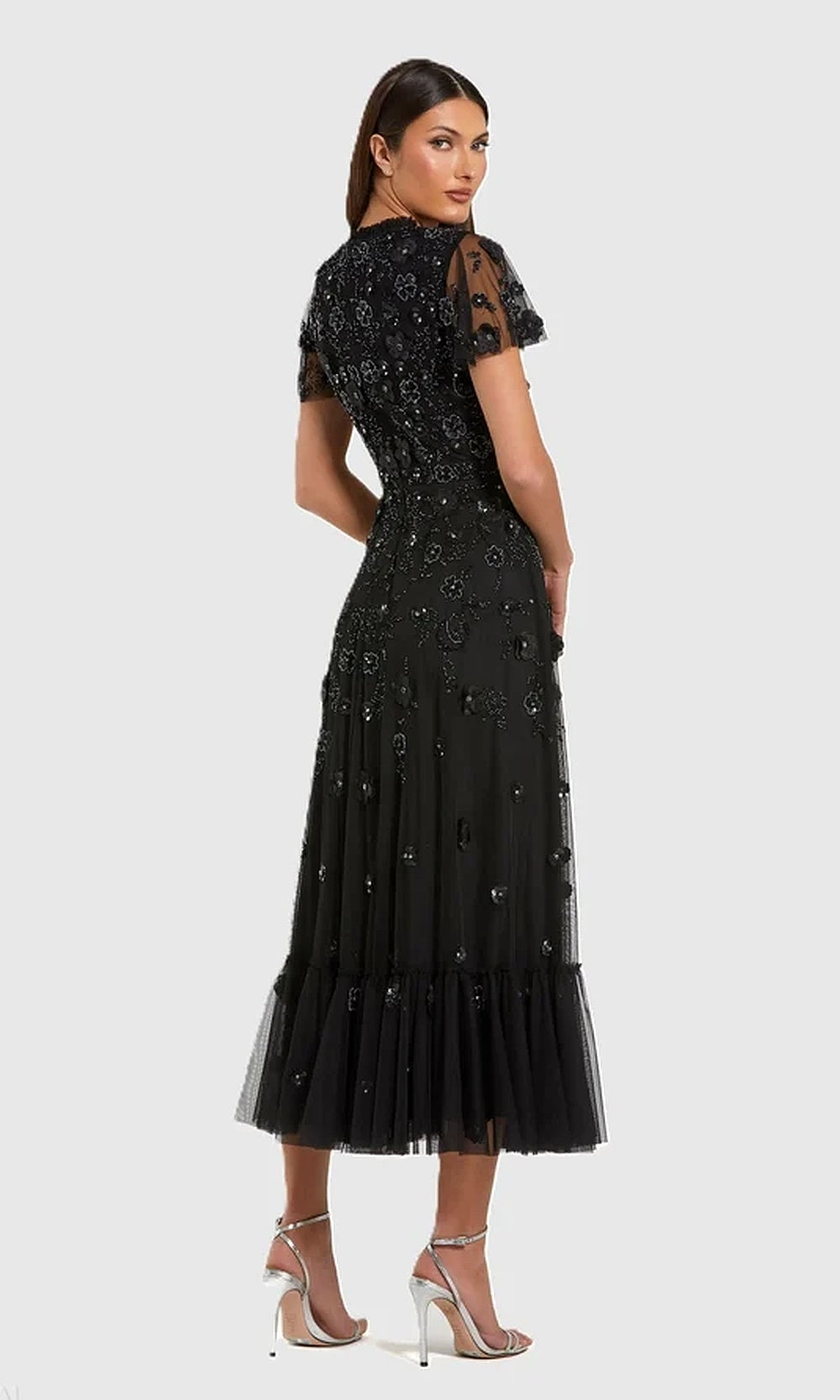Mac Duggal 9212 Beaded Floral Appliqué Tea-Length Flutter-Sleeve Dress