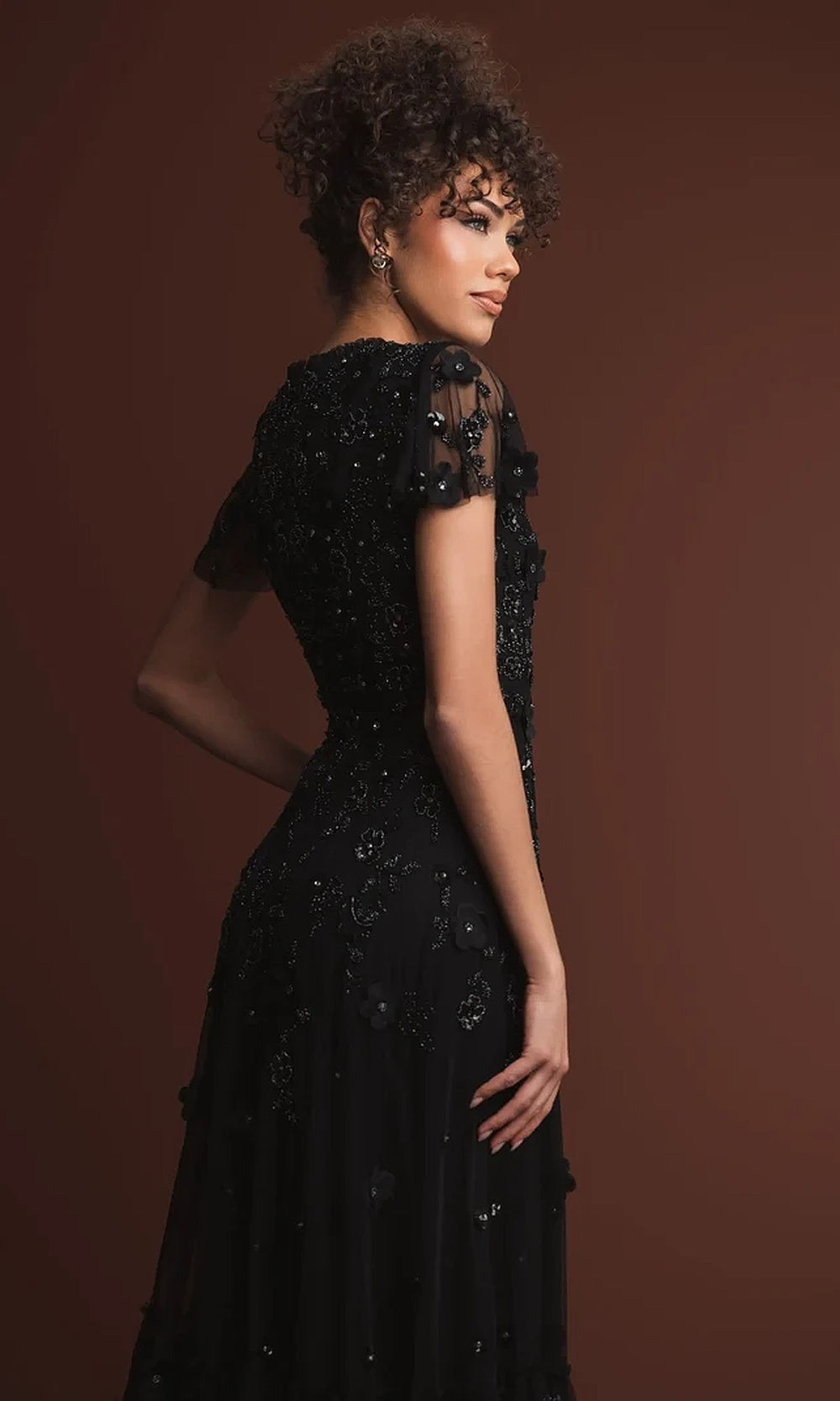 Mac Duggal 9212 Beaded Floral Appliqué Tea-Length Flutter-Sleeve Dress