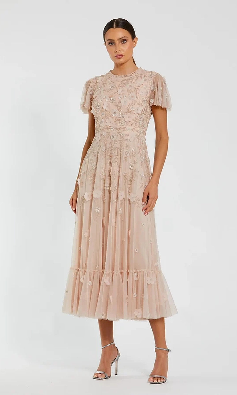 Mac Duggal 9212 Beaded Floral Appliqué Tea-Length Flutter-Sleeve Dress