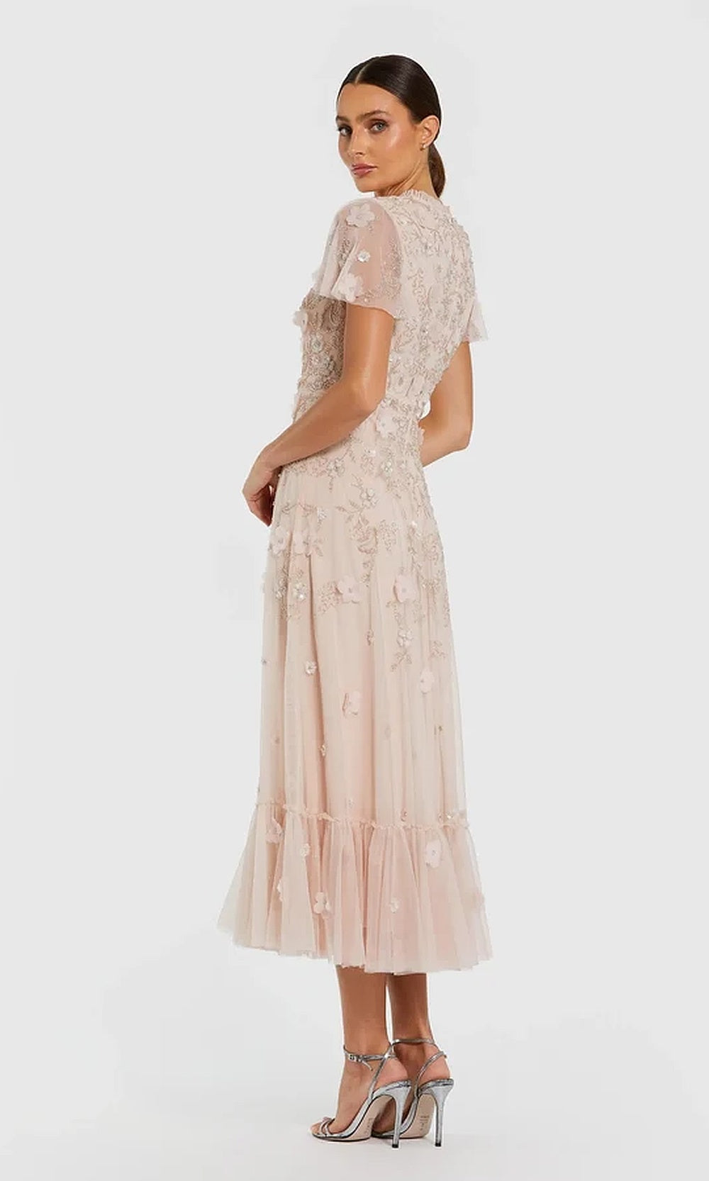 Mac Duggal 9212 Beaded Floral Appliqué Tea-Length Flutter-Sleeve Dress