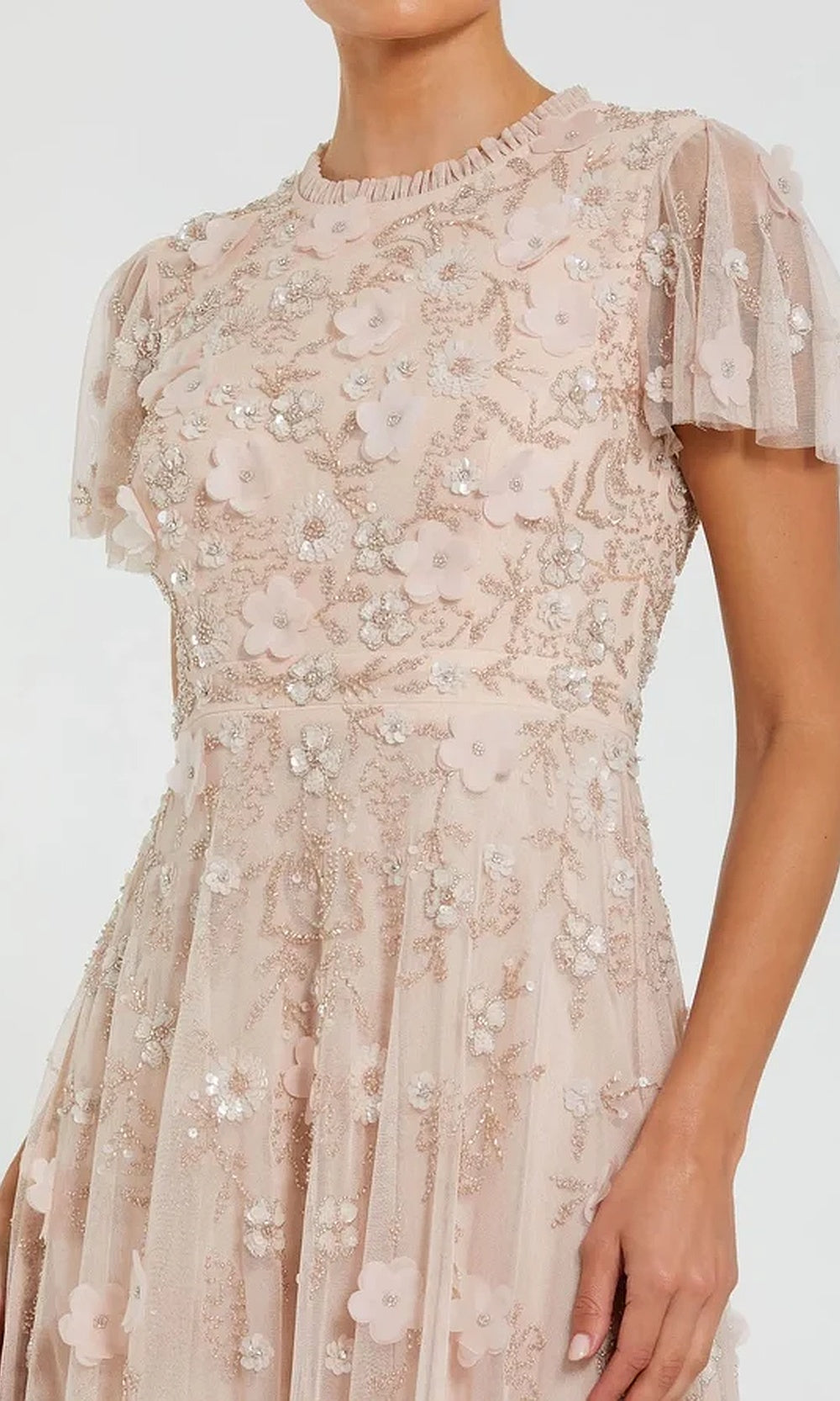 Mac Duggal 9212 Beaded Floral Appliqué Tea-Length Flutter-Sleeve Dress