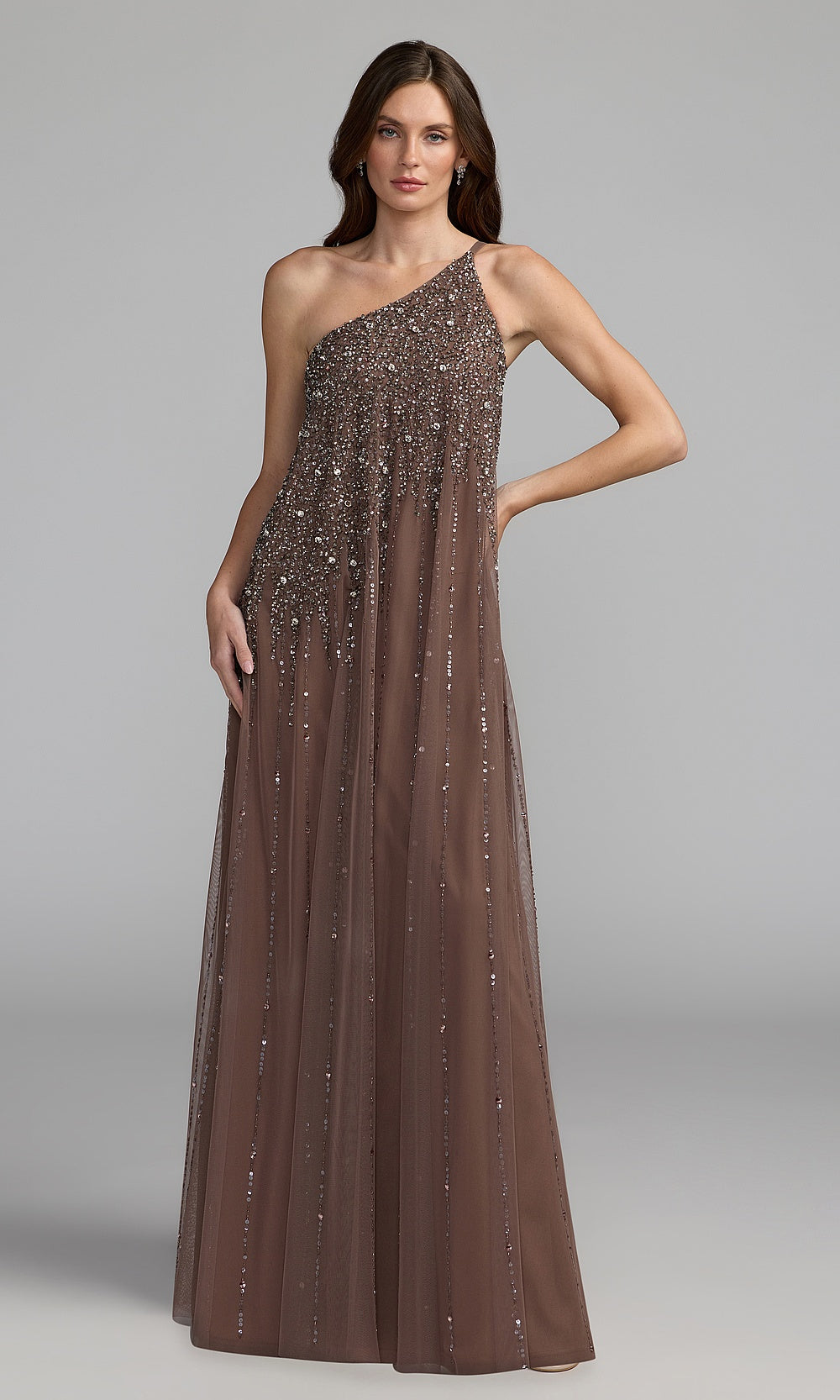 Mac Duggal 9224 chocolate front view one-shoulder beaded tulle A-line gown with open back and cascading sequin embellishment, prom formal prom gown