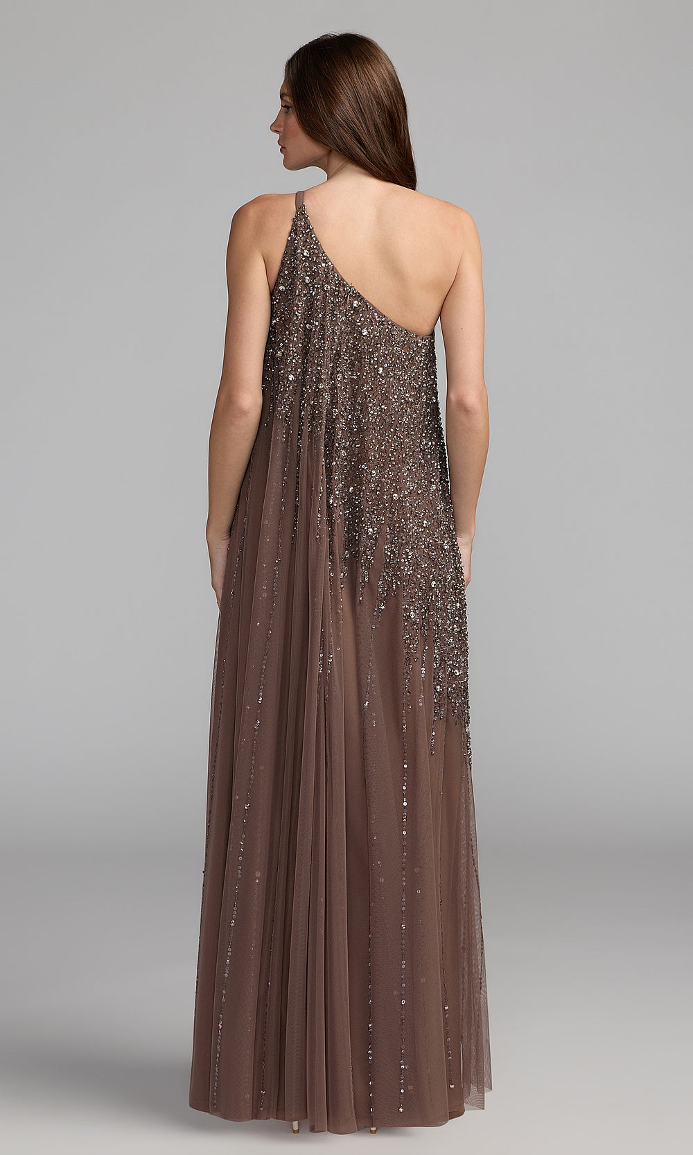 Mac Duggal 9224 chocolate back view fully open back beaded tulle A-line evening gown with one-shoulder neckline, prom evening gown