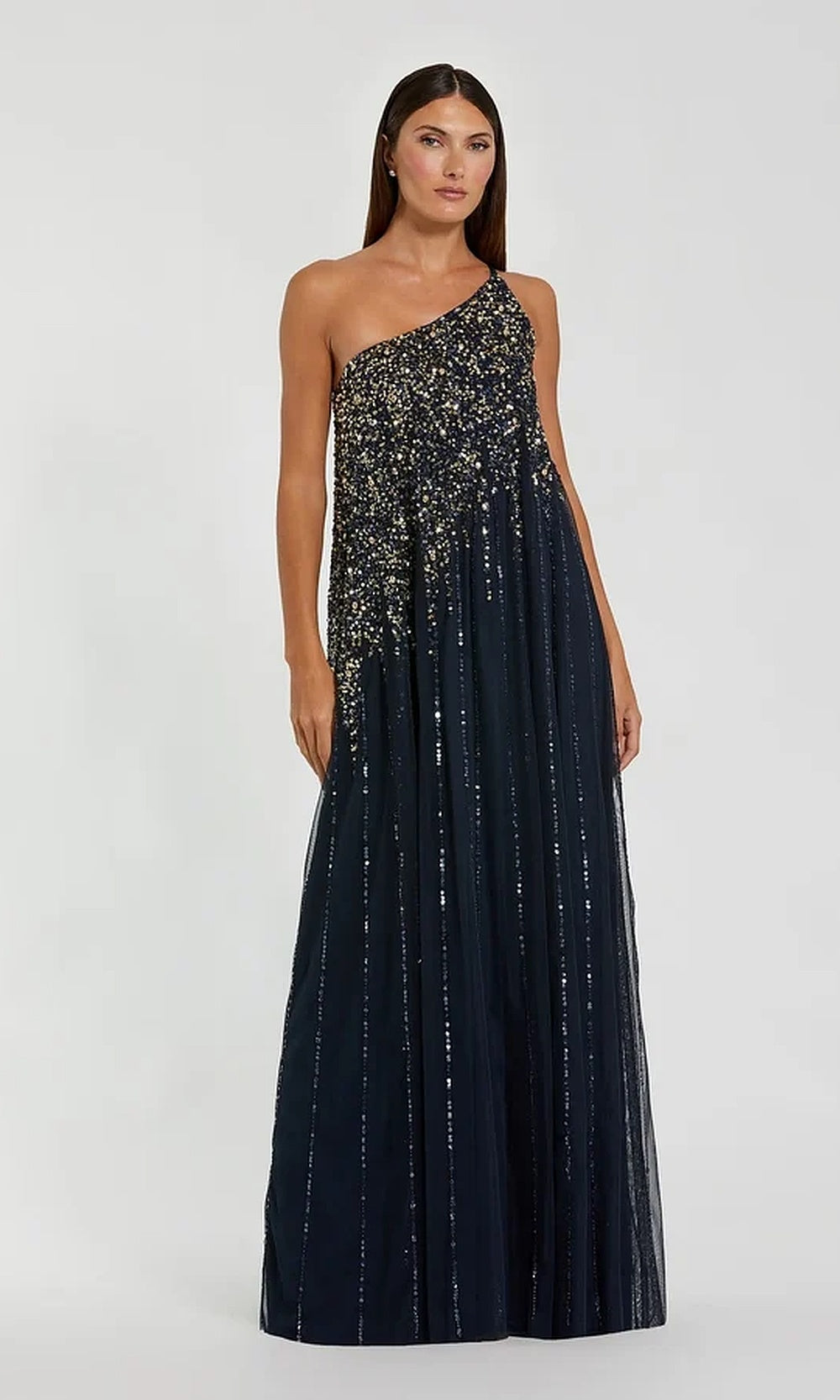 Mac Duggal 9224 One-Shoulder Beaded Tulle A-Line Gown with Sweep Train