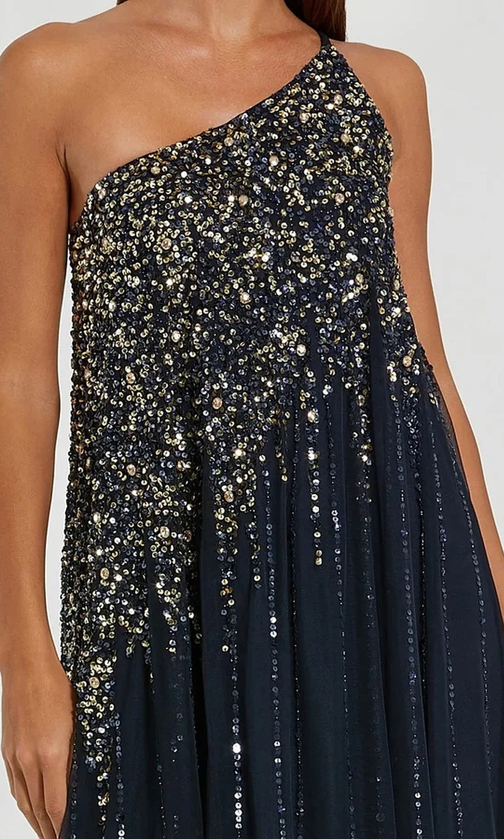 Mac Duggal 9224 One-Shoulder Beaded Tulle A-Line Gown with Sweep Train