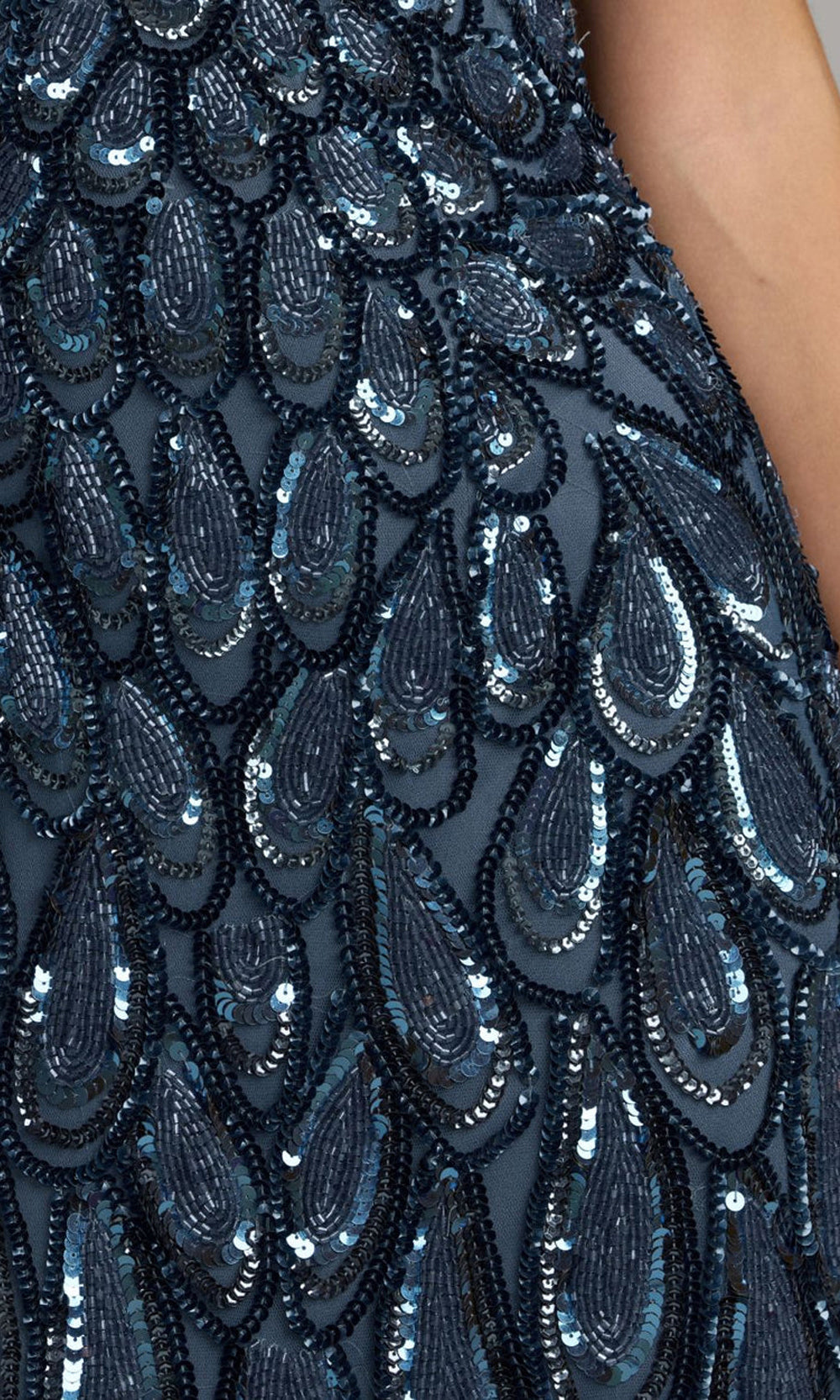 Mac Duggal 995243P Denim Blue close-up bead embellishment detail, raised seed bead outlines over sequin fill, mesh ground, gala gown craftsmanship made for evening nights
