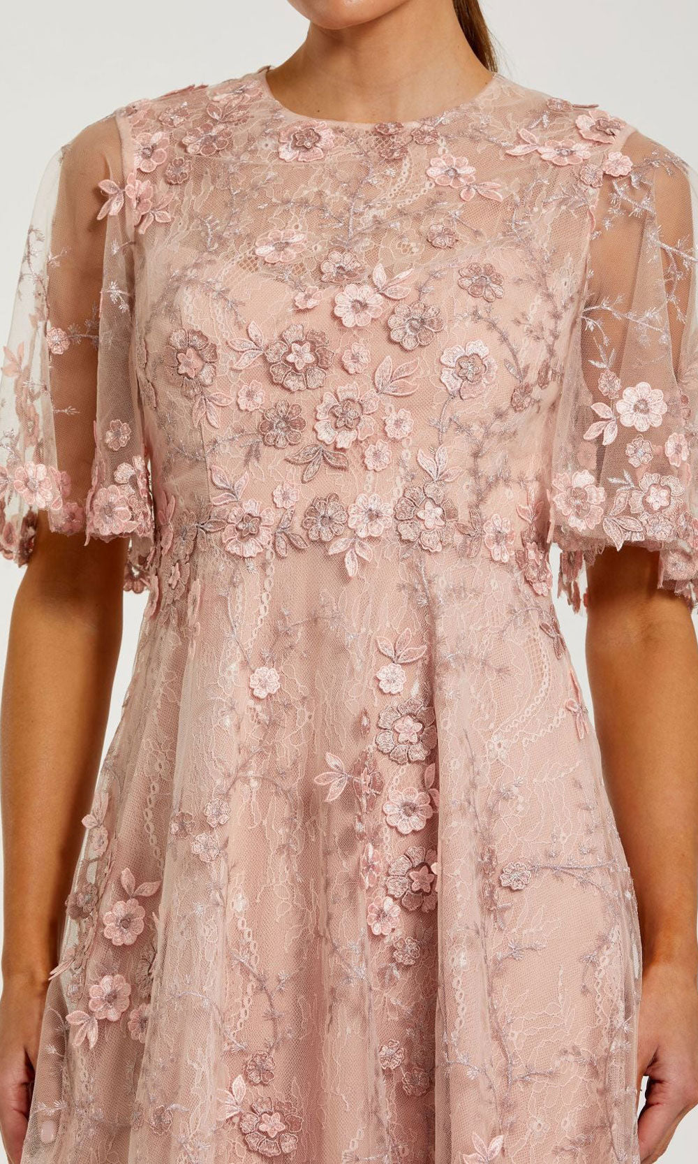 Mac Duggal 9969036P blush pink detail wedding guest dress with beaded floral appliqué centres, embroidered mesh surface, a-line tea-length, gala gown, a wedding-guest favorite