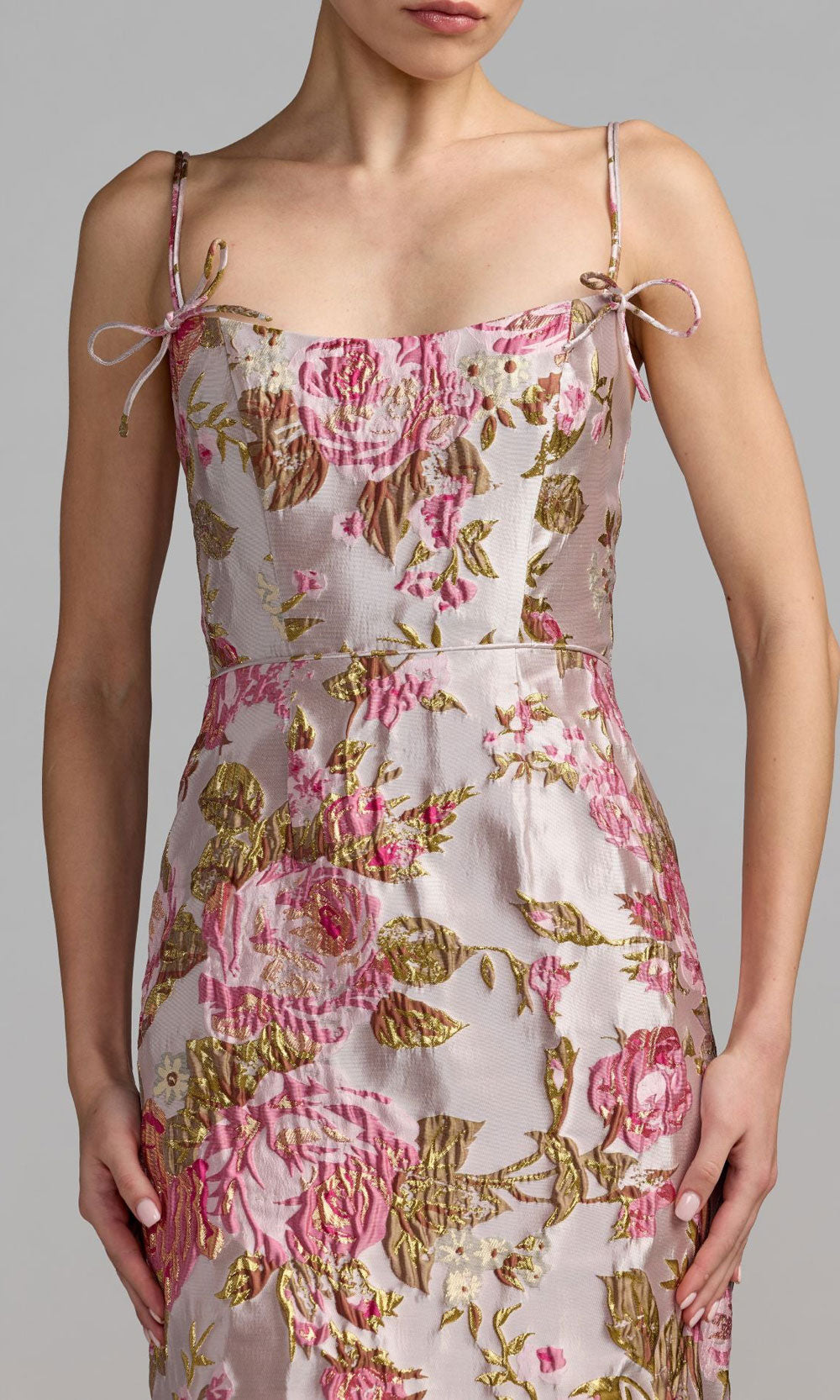 Mac Duggal 9969153P Pink Multi wedding-guest dress with metallic floral jacquard, interior boning channels, self-fabric bow-tie strap detail, structured bodice close-up, detail view, evening gown