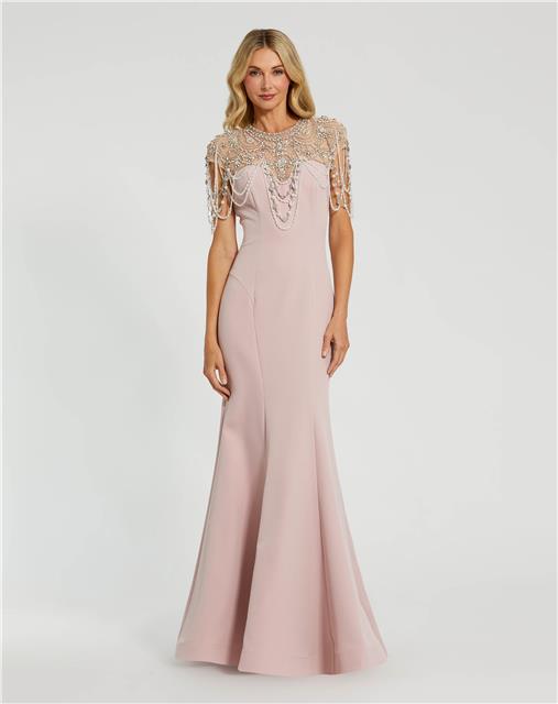 Mac Duggal 11775 Beaded Illusion High-Neck Mermaid Jersey Gown with Sweep Train