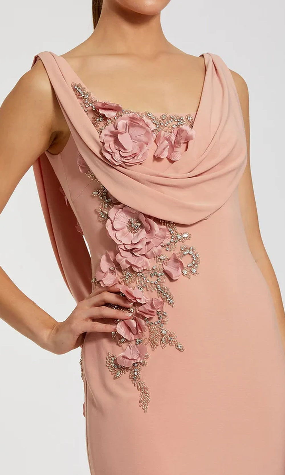 Mac Duggal 11910 Long Fitted Jersey Cape Gown with Floral Appliqués