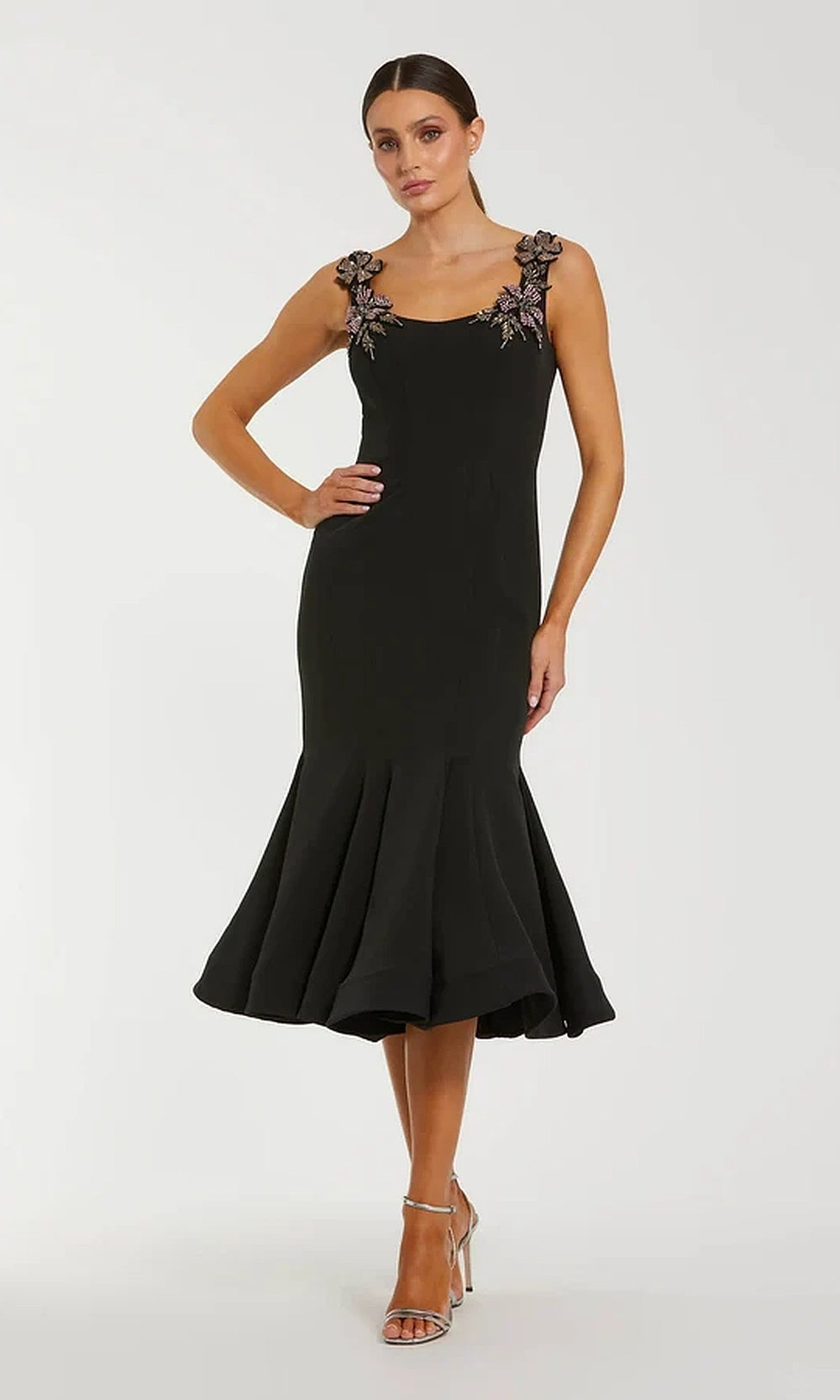 Mac Duggal 11948 Beaded Floral Appliqué Fit-and-Flare Tea-Length Dress