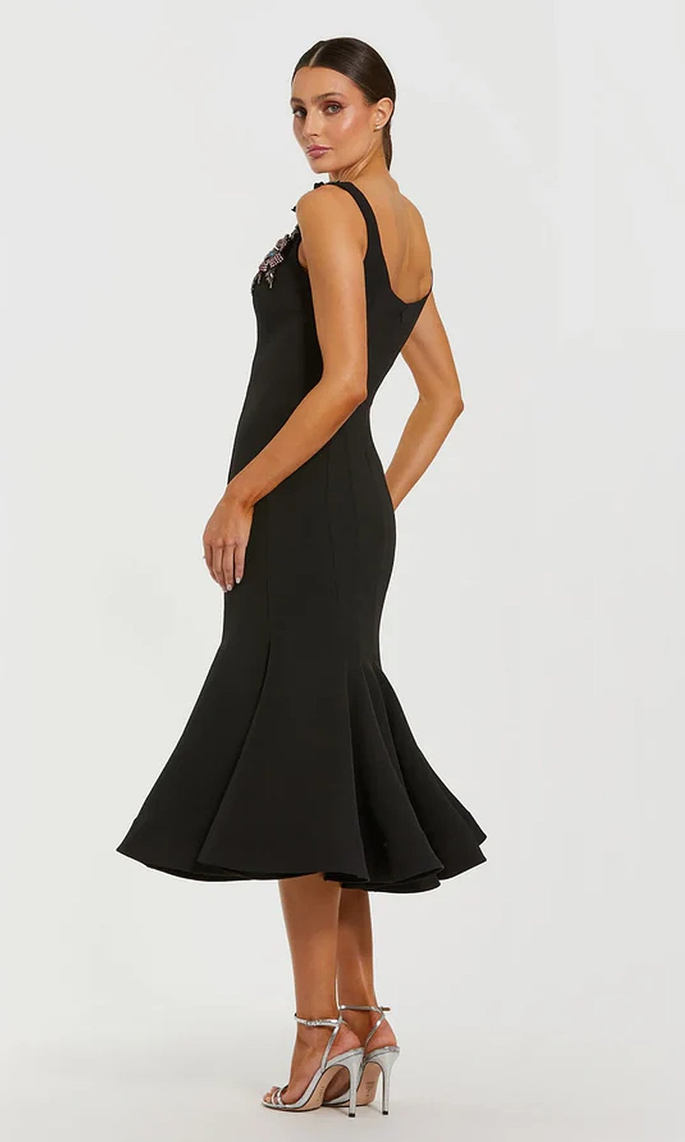 Mac Duggal 11948 Beaded Floral Appliqué Fit-and-Flare Tea-Length Dress