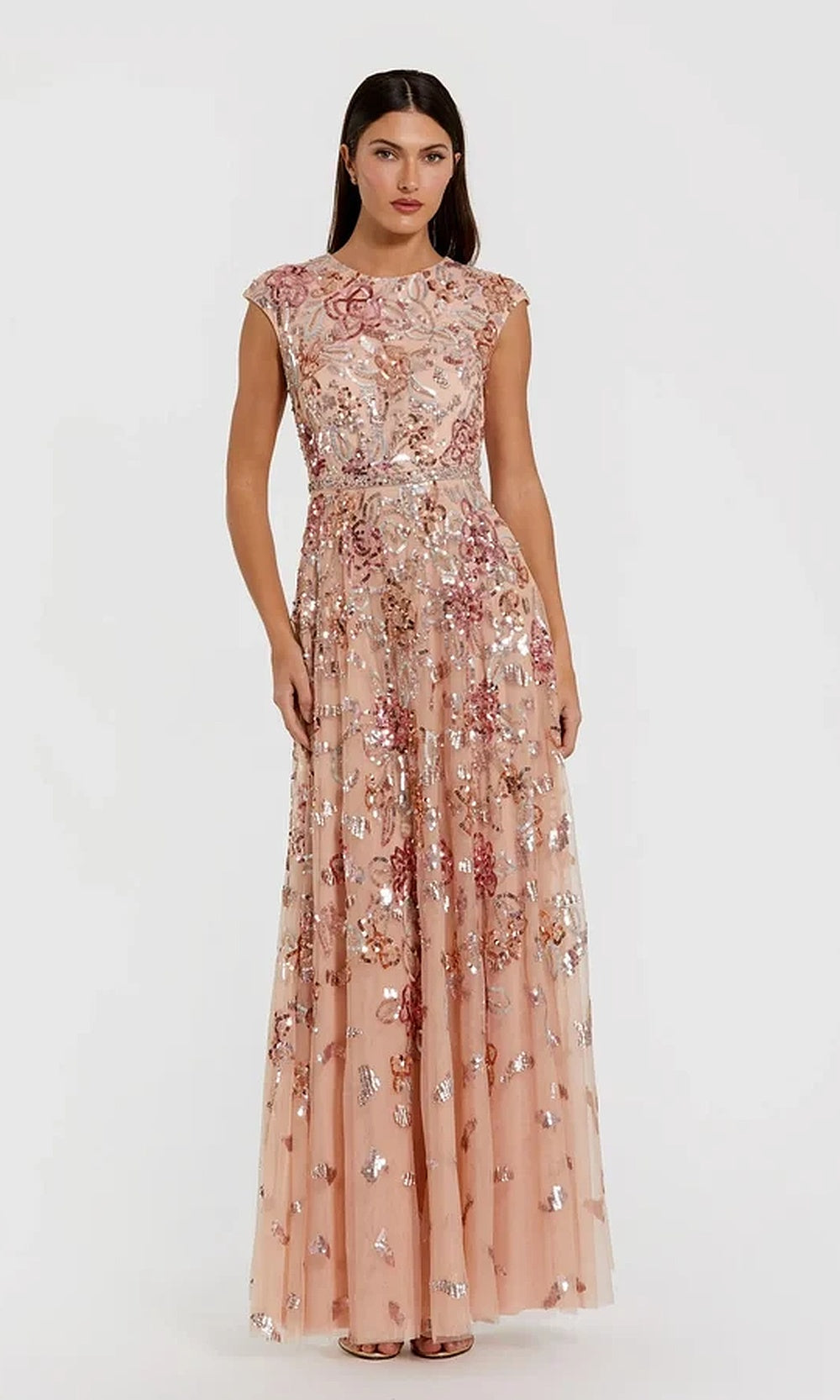 Mac Duggal 5647 Sequin Floral A-Line Long Gown with Cap Sleeves Gown