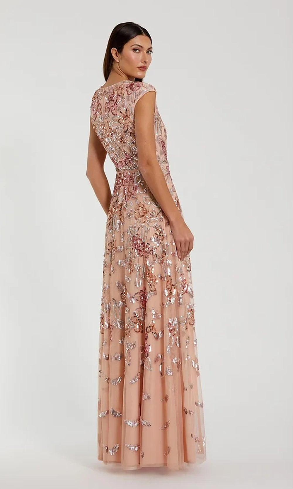 Mac Duggal 5647 Sequin Floral A-Line Long Gown with Cap Sleeves Gown