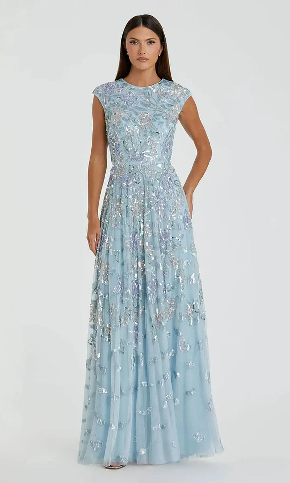 Mac Duggal 5647 Sequin Floral A-Line Long Gown with Cap Sleeves Gown