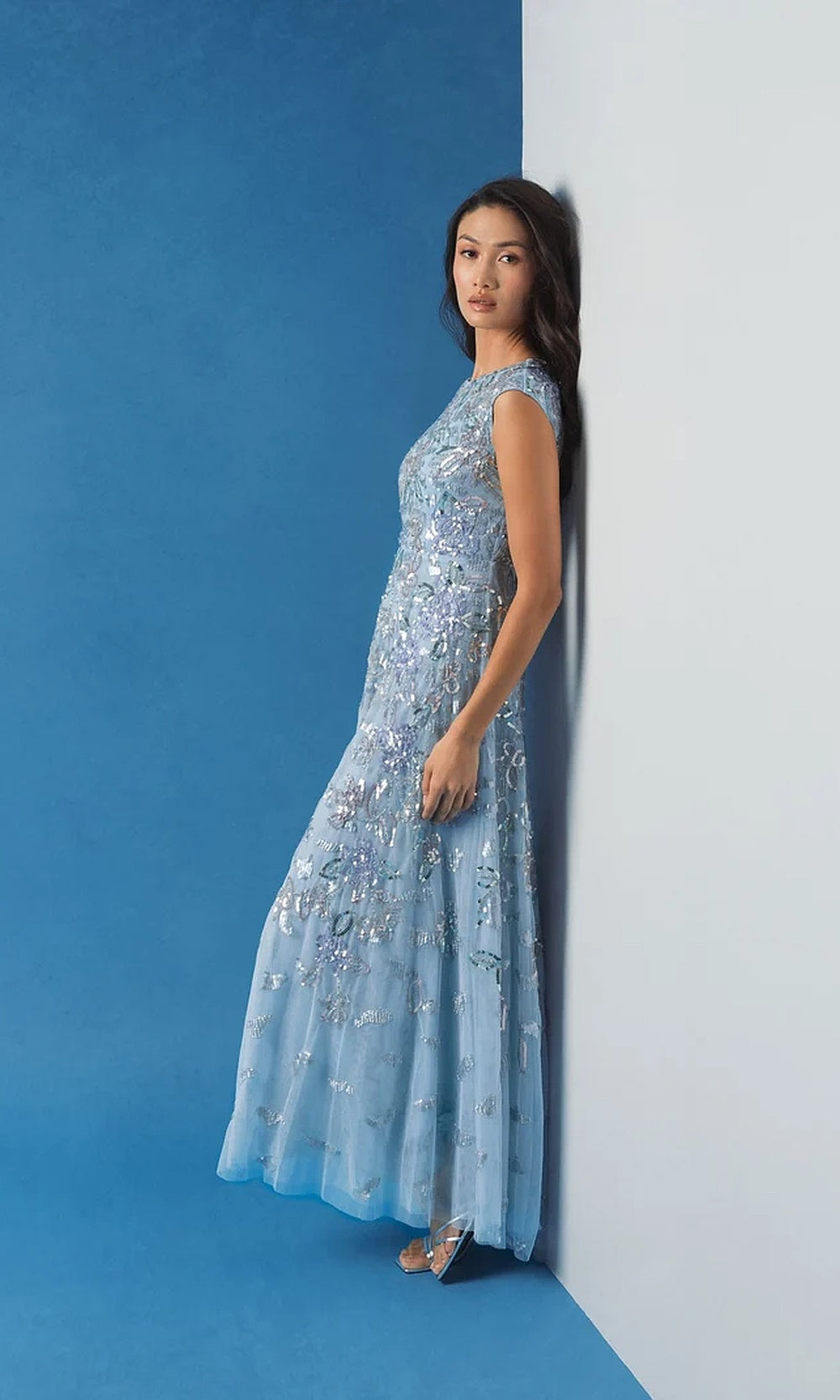 Mac Duggal 5647 Sequin Floral A-Line Long Gown with Cap Sleeves Gown