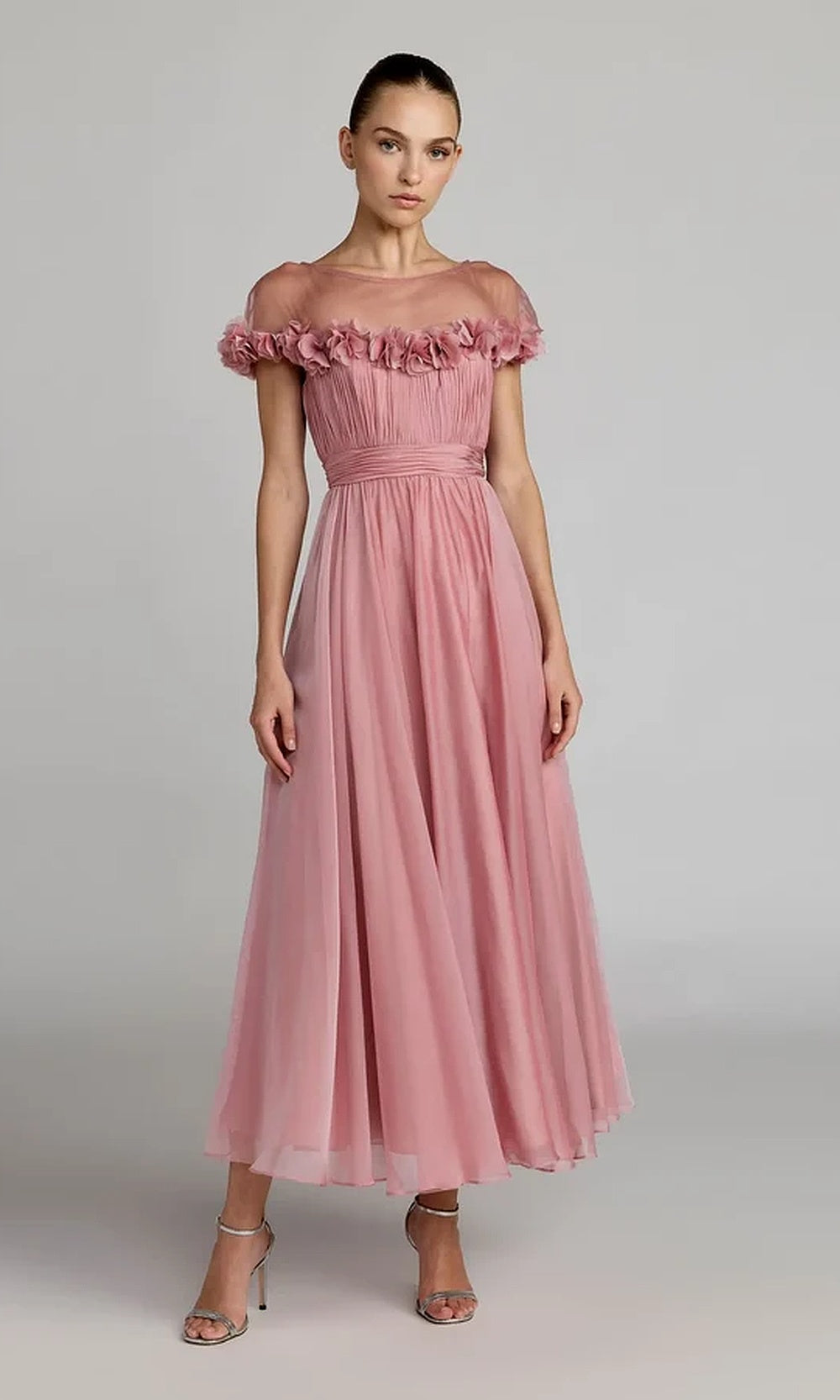 Mac Duggal 68966 Illusion Yoke Floral Appliqué Chiffon A-Line Gown